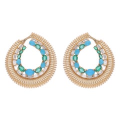 Emerald Turquoise Gemstone Hoop Earrings Baguette Diamond 18 Karat Yellow Gold
