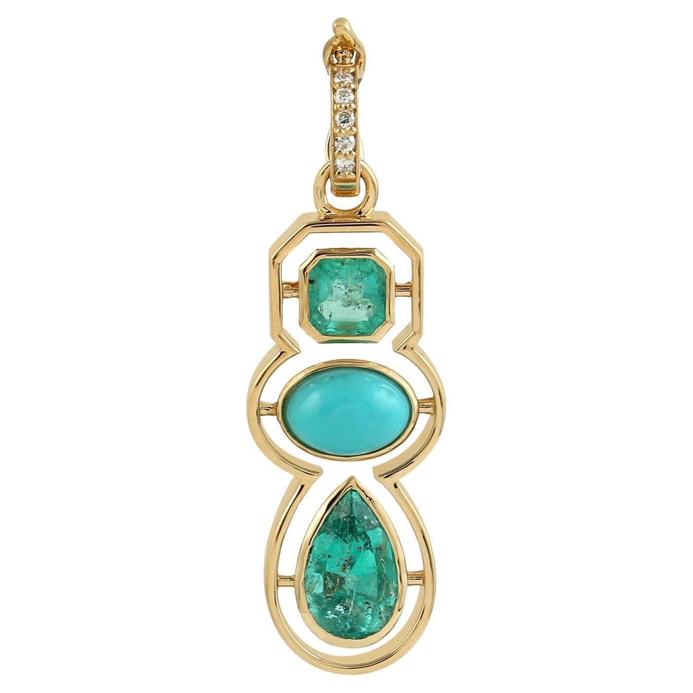 Emerald & Turquoise Pendant With Diamonds Made In 18k Yellow Gold