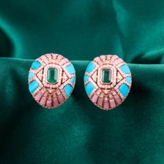 Emerald Turquoise Pink Opal Diamond Halo Stud Earrings Handmade 18K Rose Gold