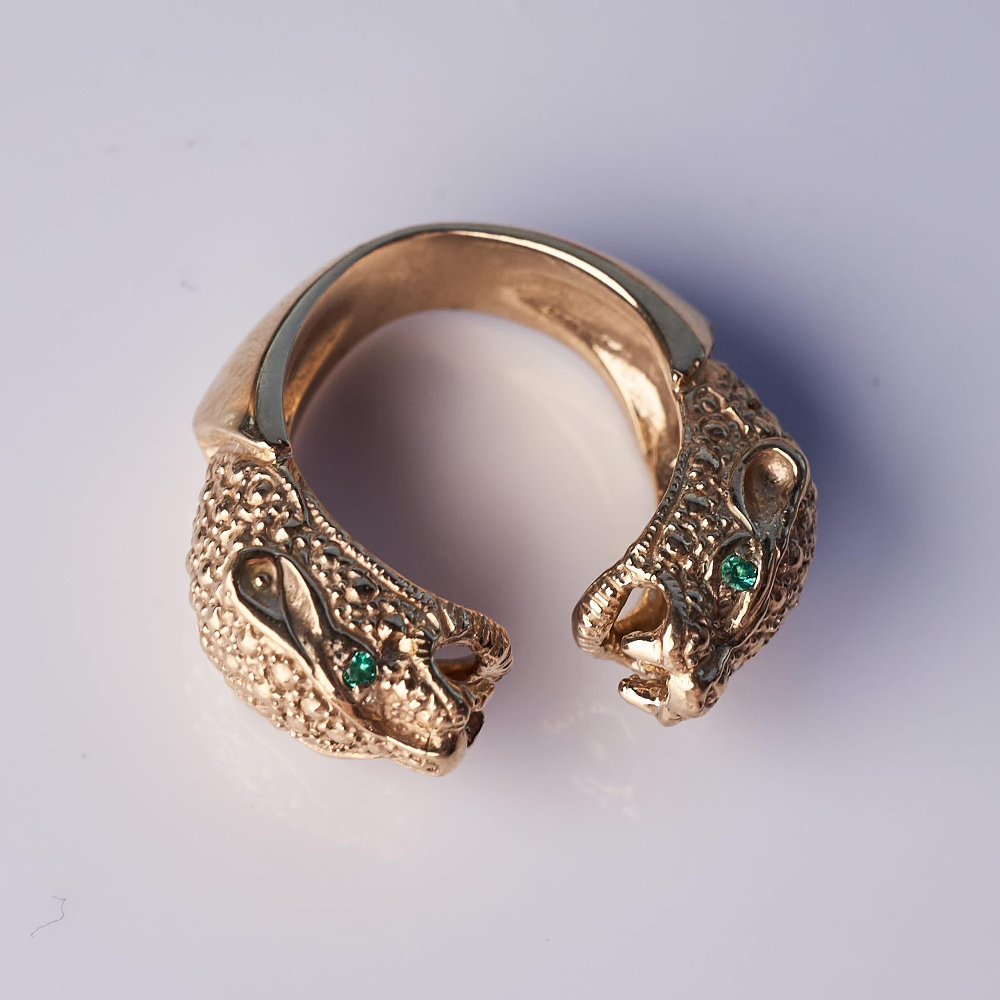 Women's Emerald Jaguar Ring Two Head Animal Gold J Dauphin For Sale
