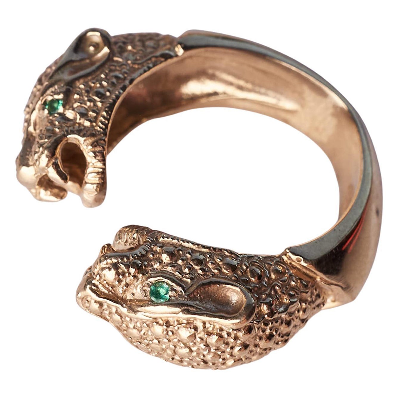 Zwei-Kopf- Jaguar-Ring aus Gold mit Smaragd von J Dauphin