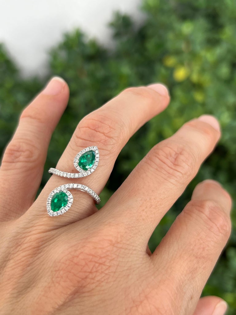 Pear Shape Emerald Two Stone Moi Et Toi Ring For Sale at 1stDibs