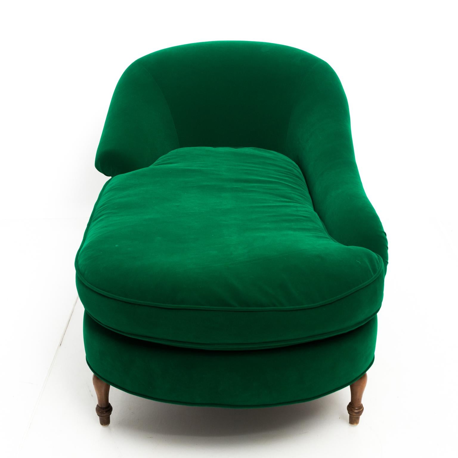 Emerald upholstered chaise lounge chair with curved back and wood vase turned legs, circa 20th century