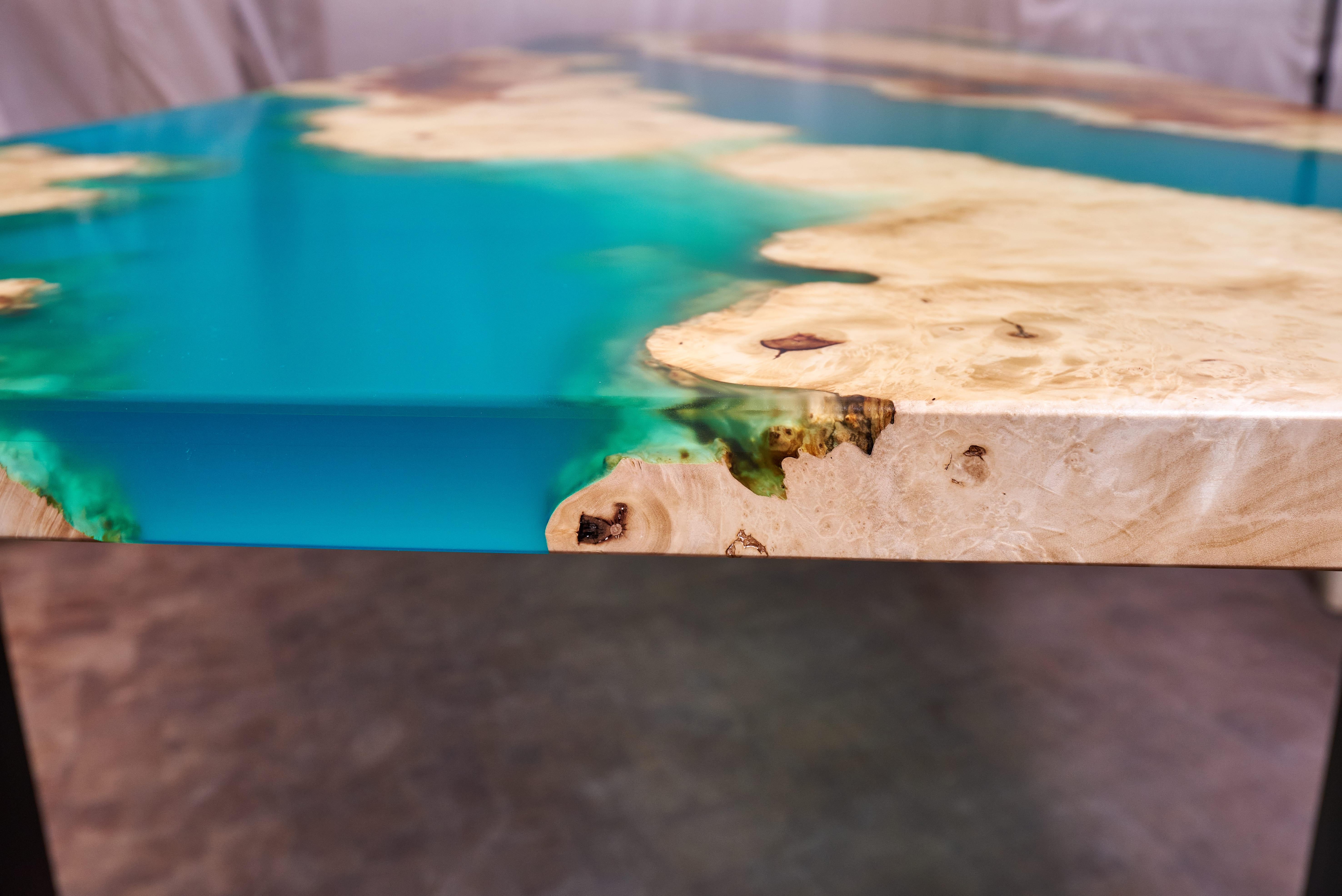 Steel Emerald Vein Live Edge Artwork Ancient Maple Burl Modern Dining Table For Sale