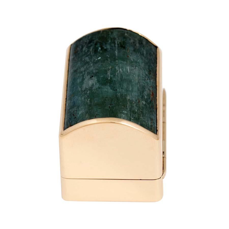 Verdura custom pillbox for purse or handbag. Its unusual design features a large custom-cut domed occluded light emerald and the engraved profile of a very beloved dog! From the personal collection of Prince JOHN Landrum Bryant in