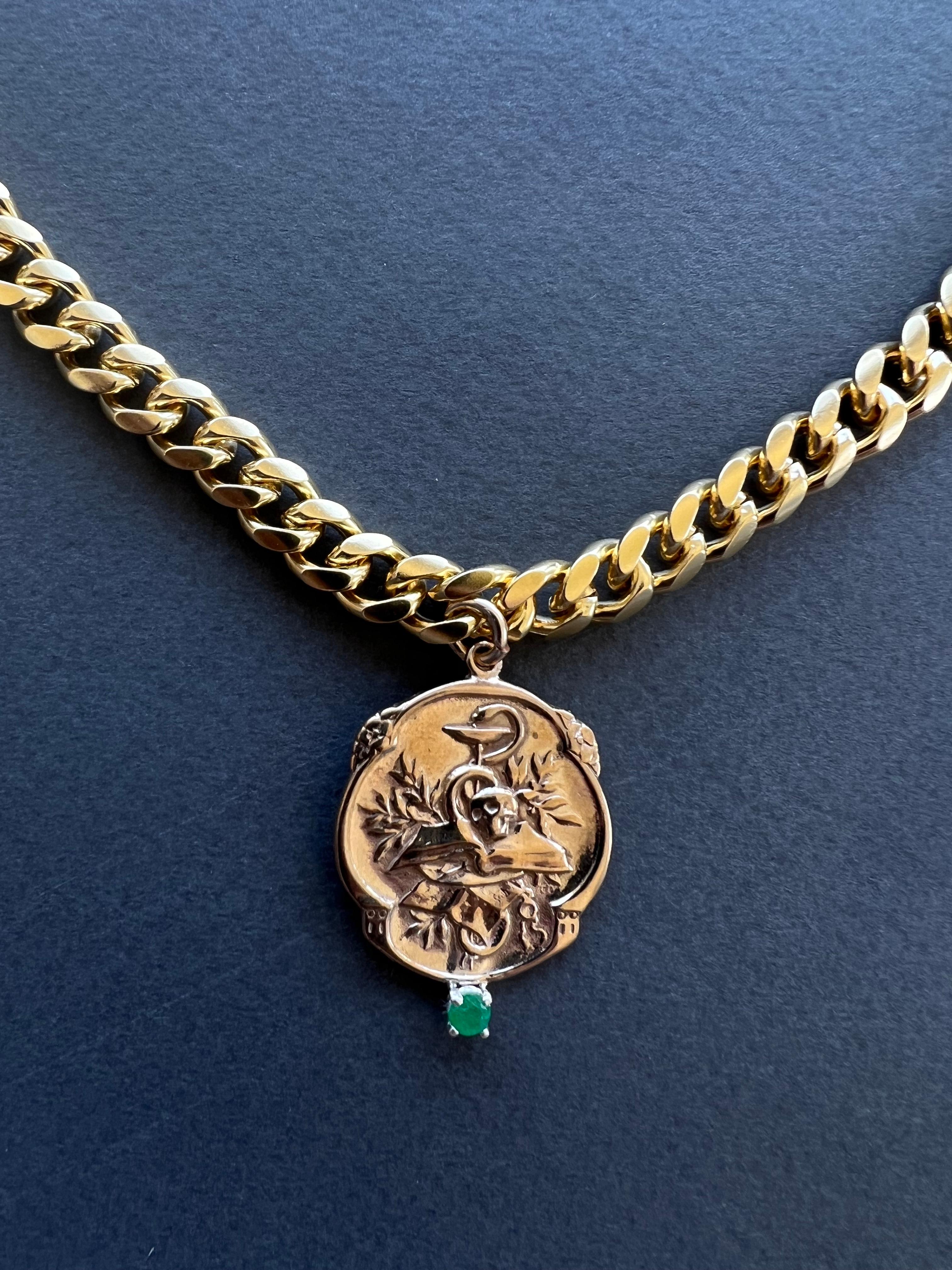 Emerald Victorian Style Memento Mori Medal Choker Chain Necklace Skull J Dauphin
Gold Plated Brass Chain and Bronze Medal

Symbols or medals can become a powerful tool in our arsenal for the spiritual. 
Since ancient times spiritual pendants,