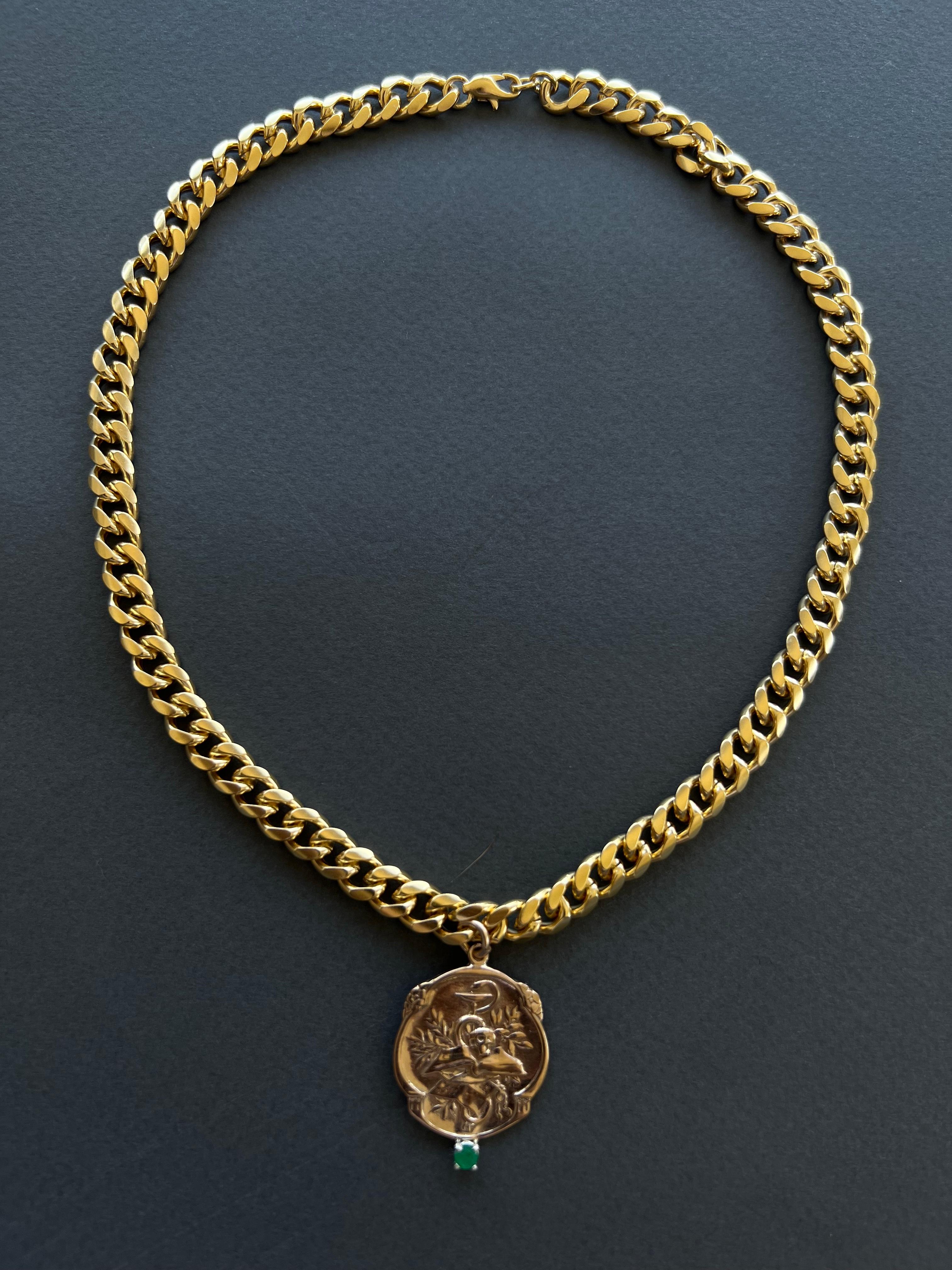 Brilliant Cut Emerald Victorian Style Memento Mori Medal Choker Chain Necklace Skull J Dauphin For Sale