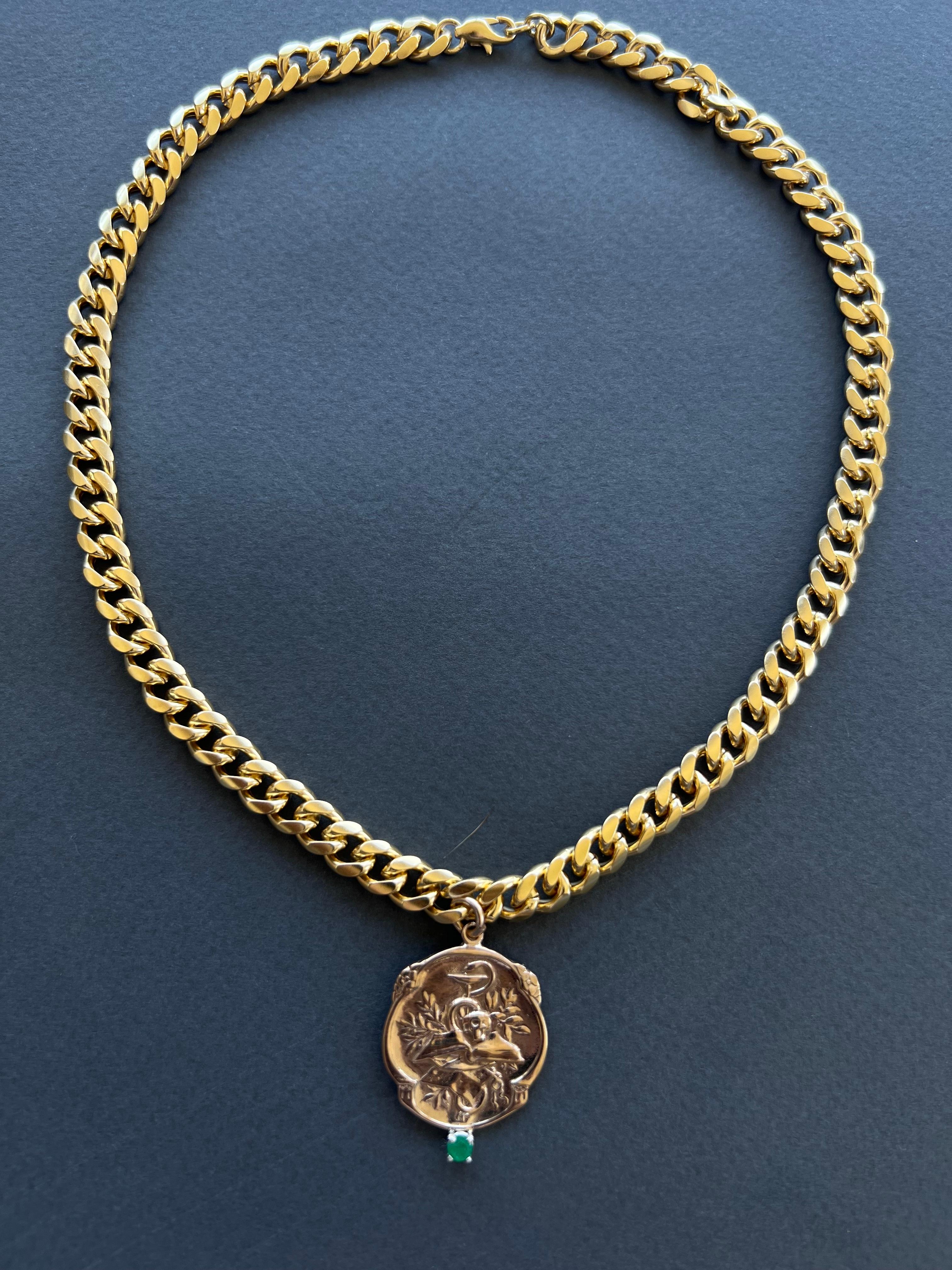 Contemporary Emerald Victorian Style Memento Mori Medal Choker Chain Necklace Skull J Dauphin For Sale