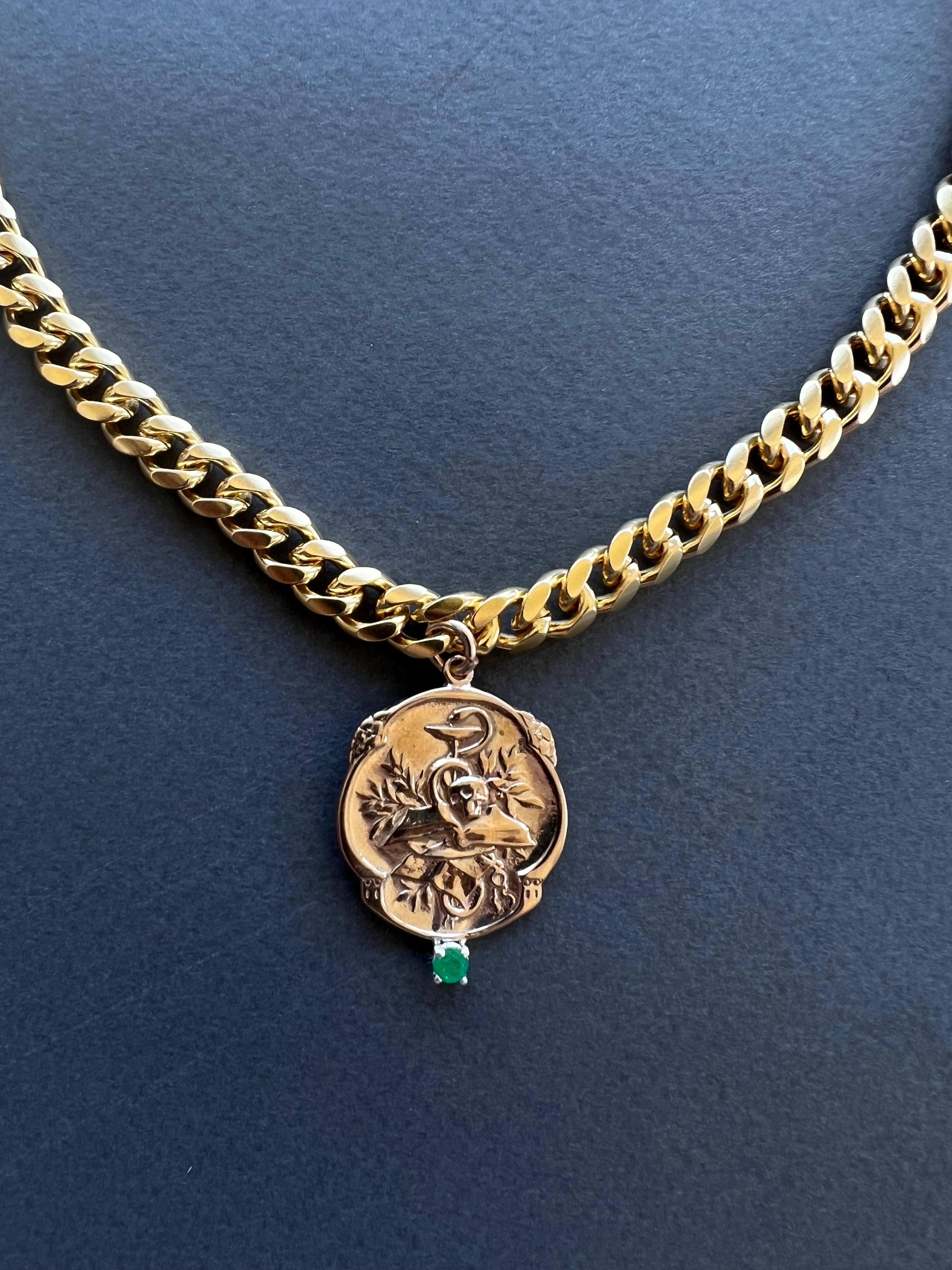 Brilliant Cut Emerald Victorian Style Memento Mori Medal Choker Chain Necklace Skull J Dauphin For Sale