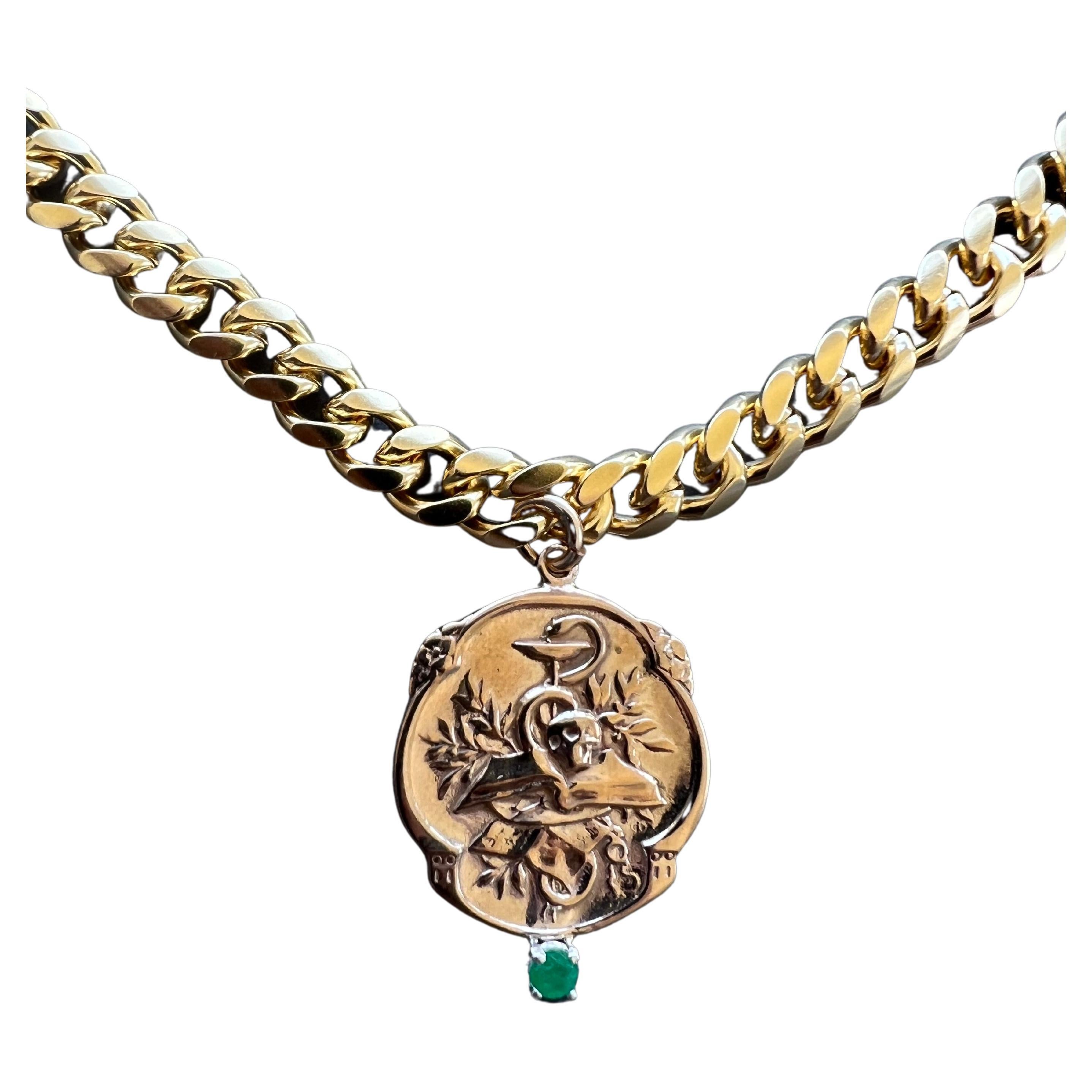 Emerald Victorian Style Memento Mori Medal Choker Chain Necklace Skull J Dauphin For Sale