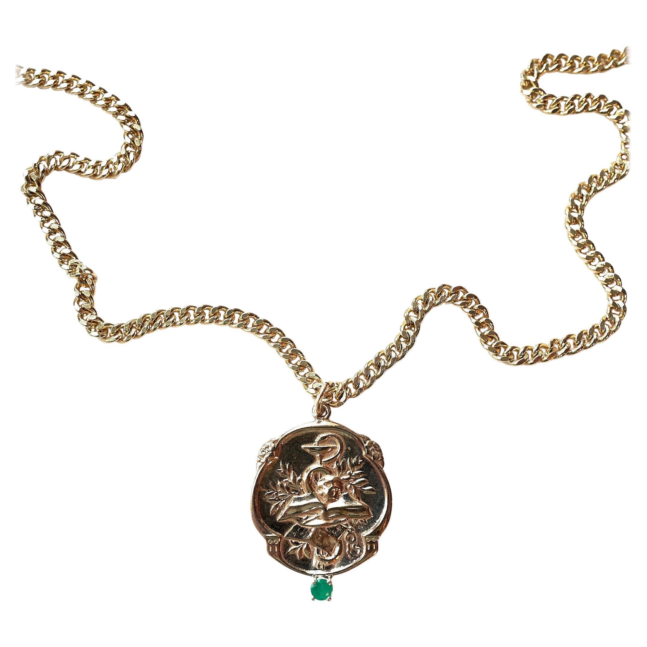 Emerald Victorian Style Memento Mori Medal Necklace Skull Chain