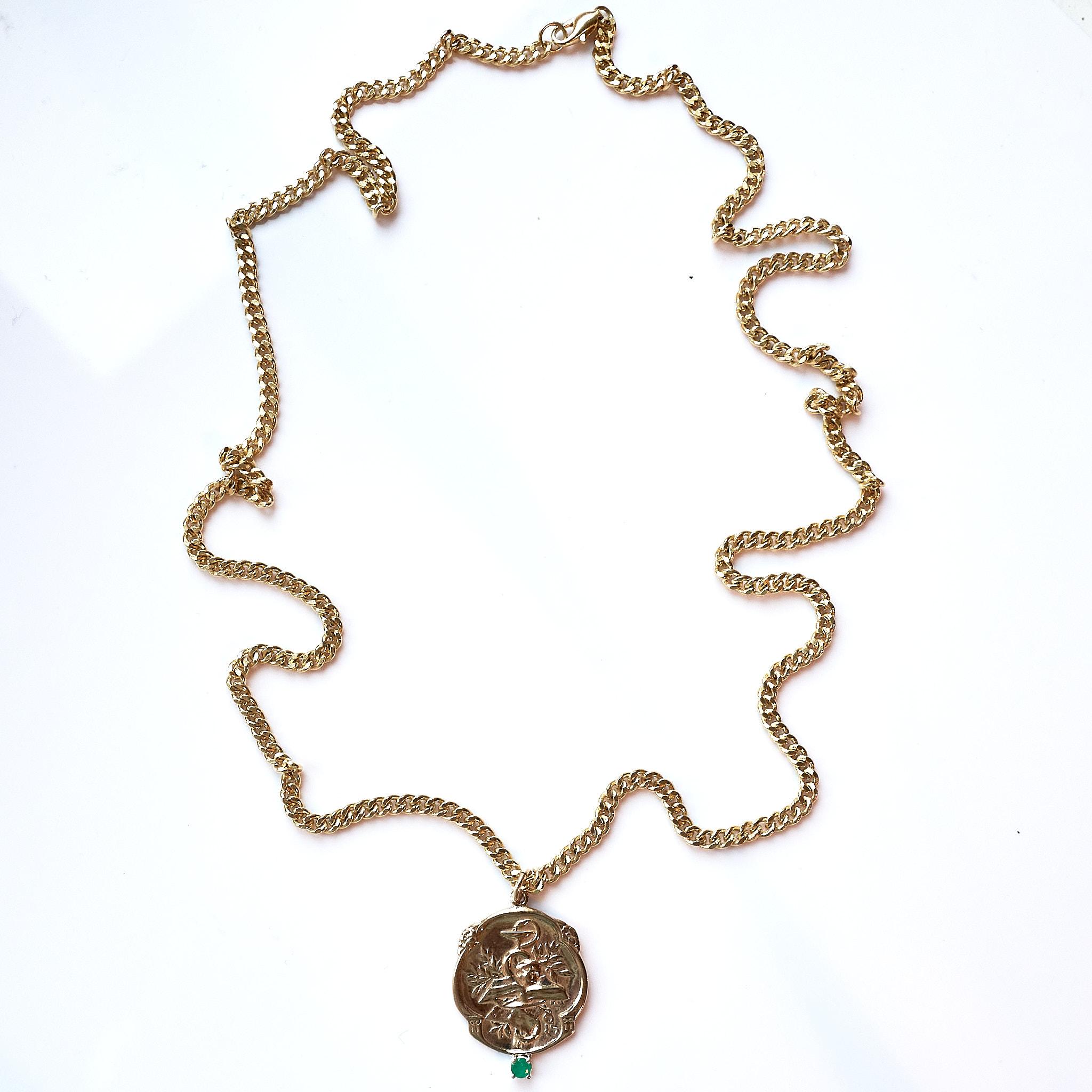 Brilliant Cut Emerald Victorian Style Memento Mori Medal Necklace Skull Chain J Dauphin For Sale