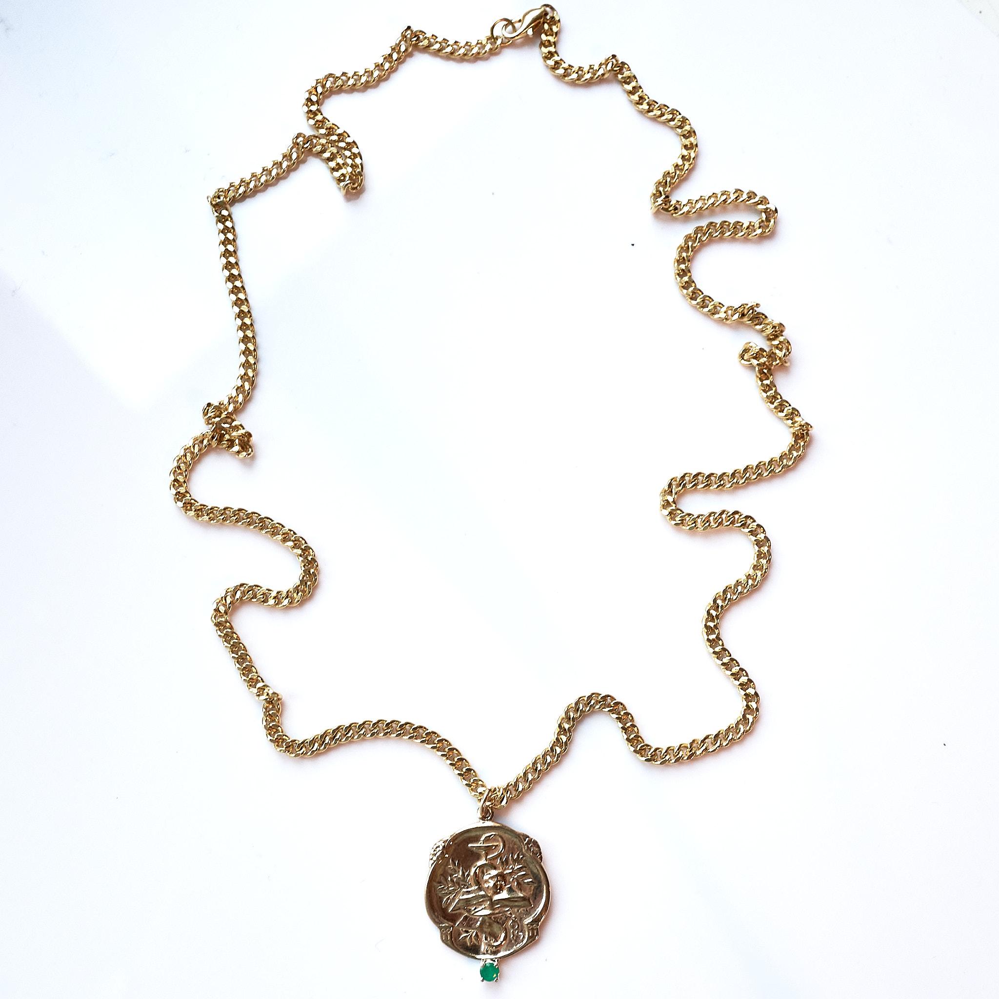Emerald Victorian Style Memento Mori Medal Necklace Skull Chain J Dauphin In New Condition For Sale In Los Angeles, CA
