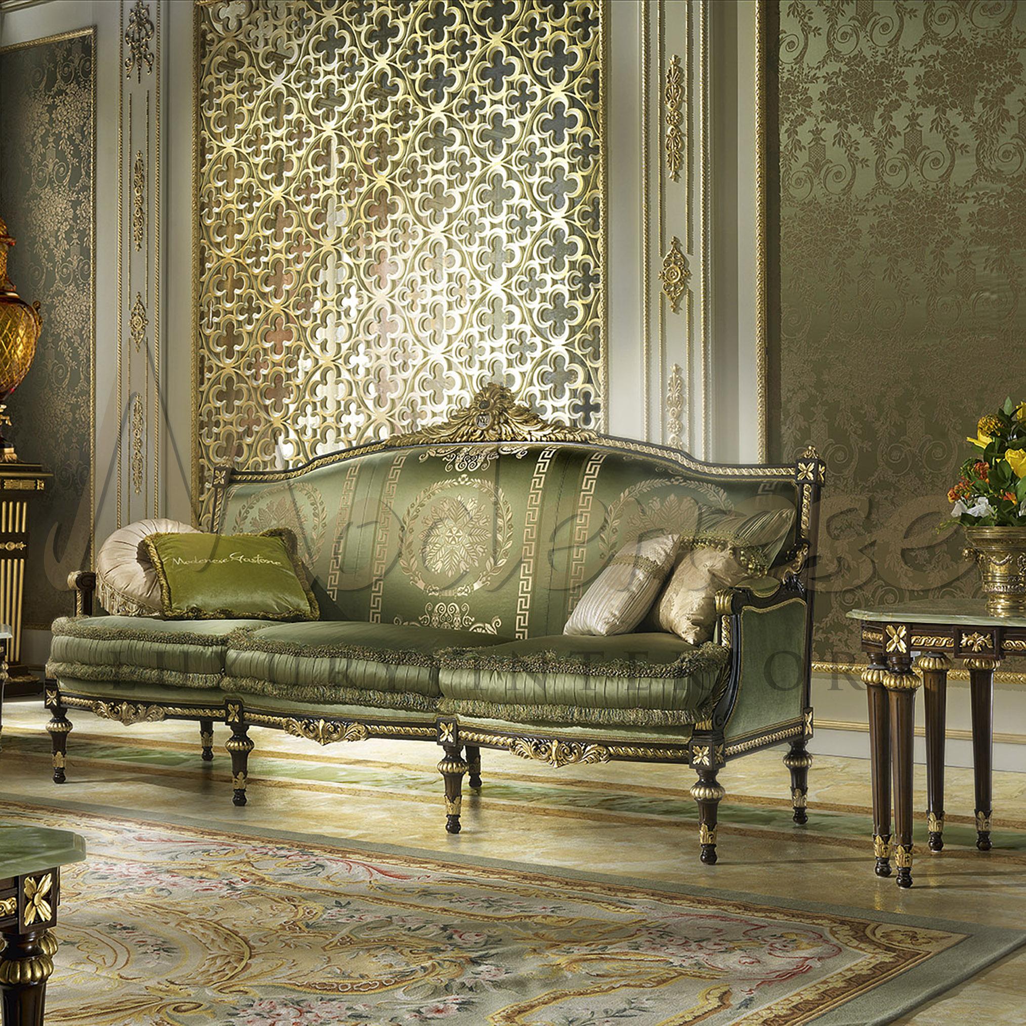 Novelty Italian sofa sets in classic victorian style, this luxurious three seater sofa, upholstered with the luxe plush velvety fabric. The highest quality blend of fabric in the timeless green hue, with the elegant dash of gold design. The luscious
