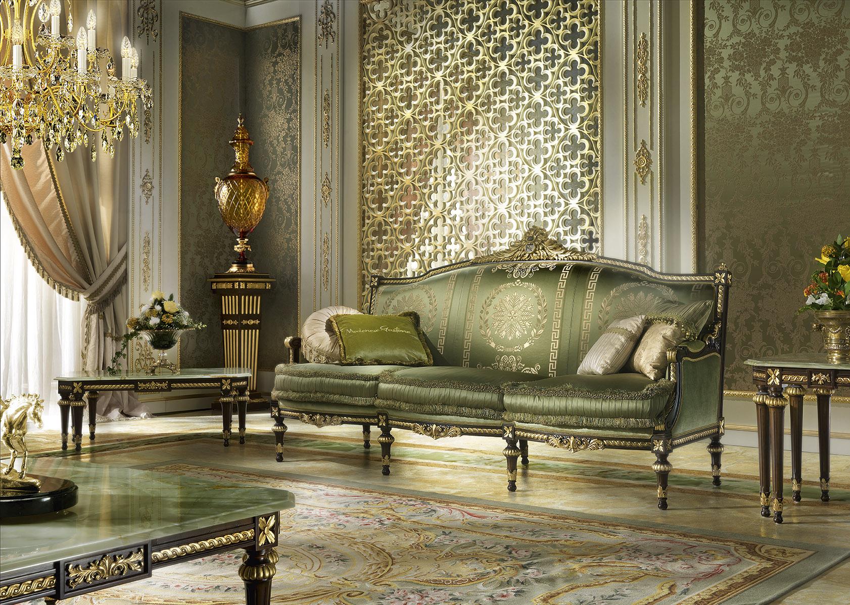 Appliqué Emerald Victorian Three Seater Sofa by Modenese Gastone For Sale