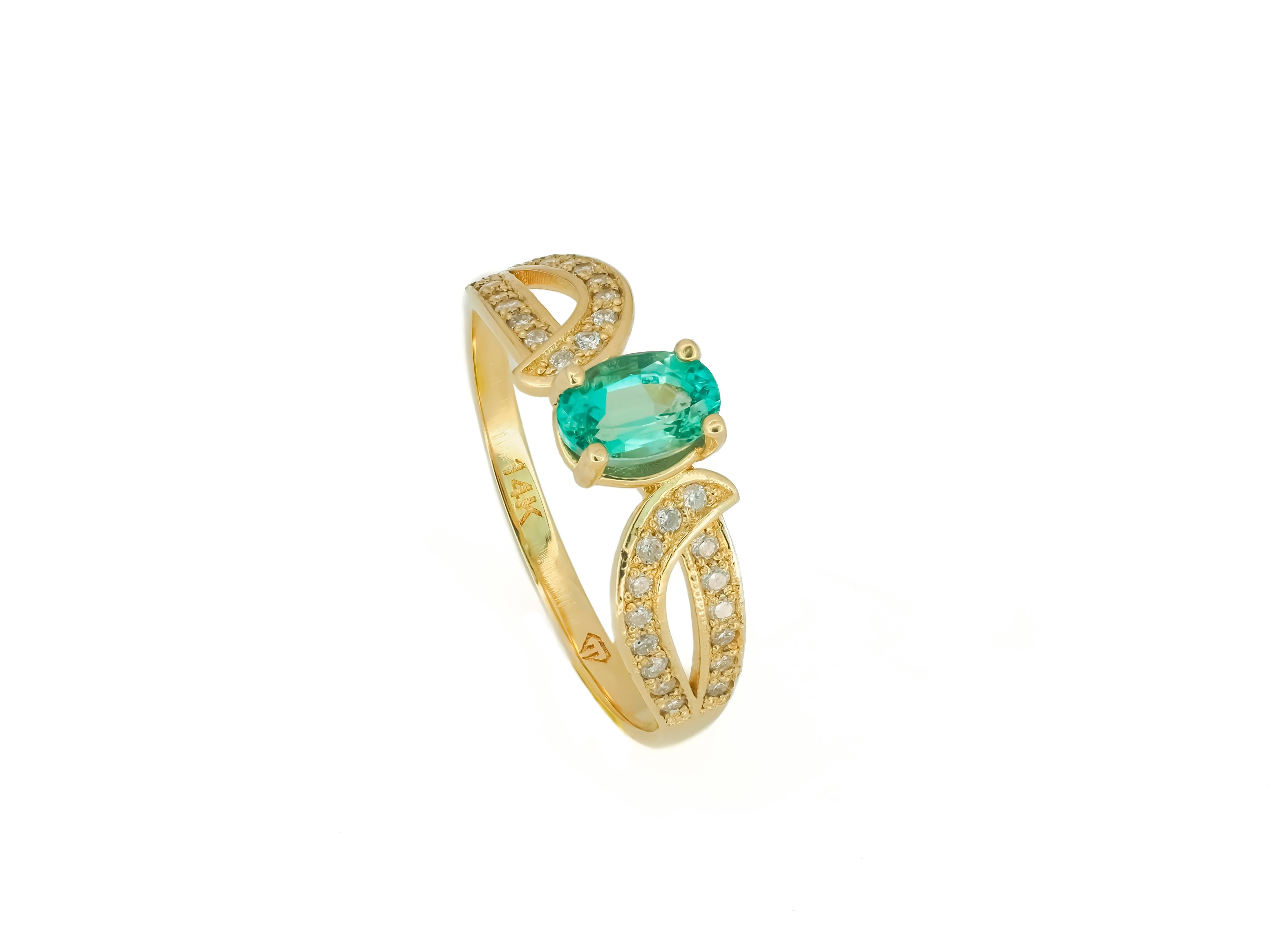 Bague vintage émeraude, bague en or 14 carats avec émeraude en vente 1