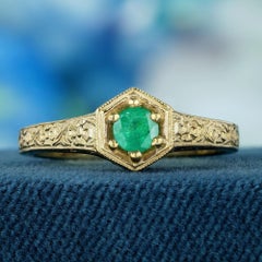 Smaragd Vintage Style geschnitzt Verlobungsring in 9K Gelbgold