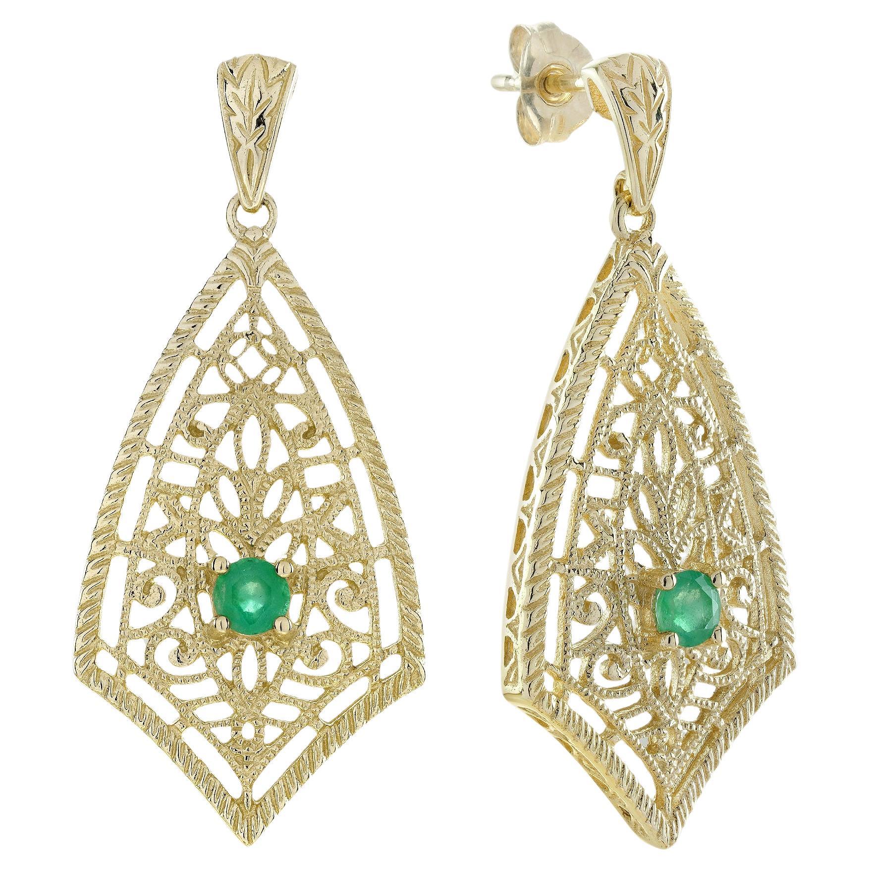 Emerald Vintage Style Filigree Drop Earrings in 9K Yellow Gold