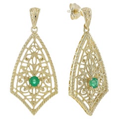 Emerald Vintage Style Filigree Drop Earrings in 9K Yellow Gold