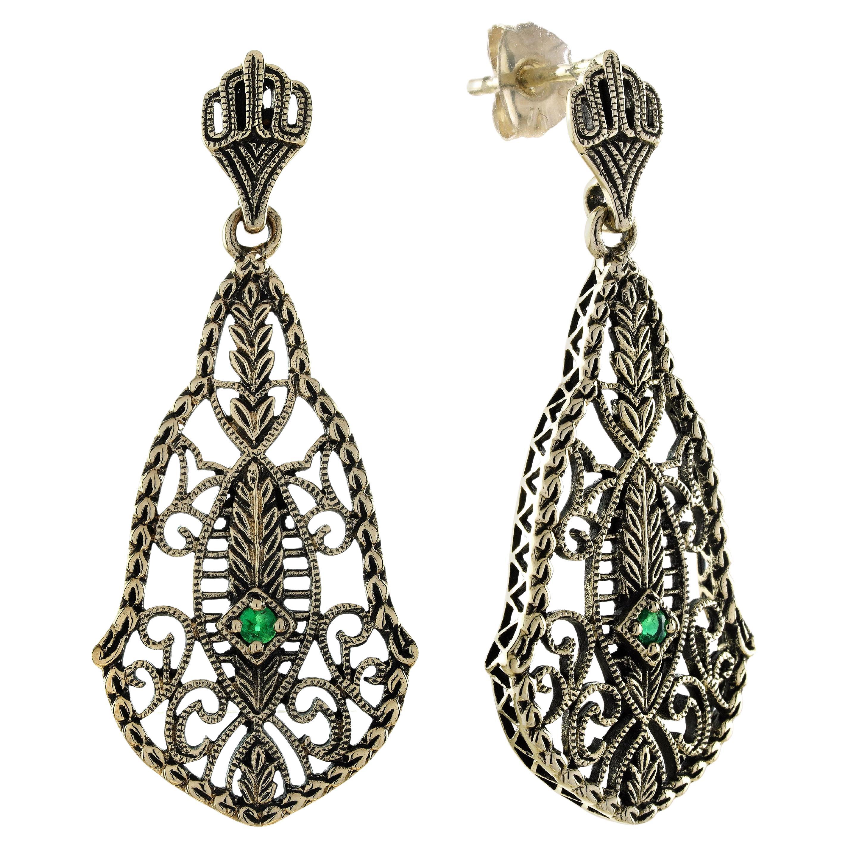 Emerald Vintage Style Filigree Drop Earrings in 9K Yellow Gold