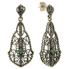 Emerald Vintage Style Filigree Drop Earrings in 9K Yellow Gold