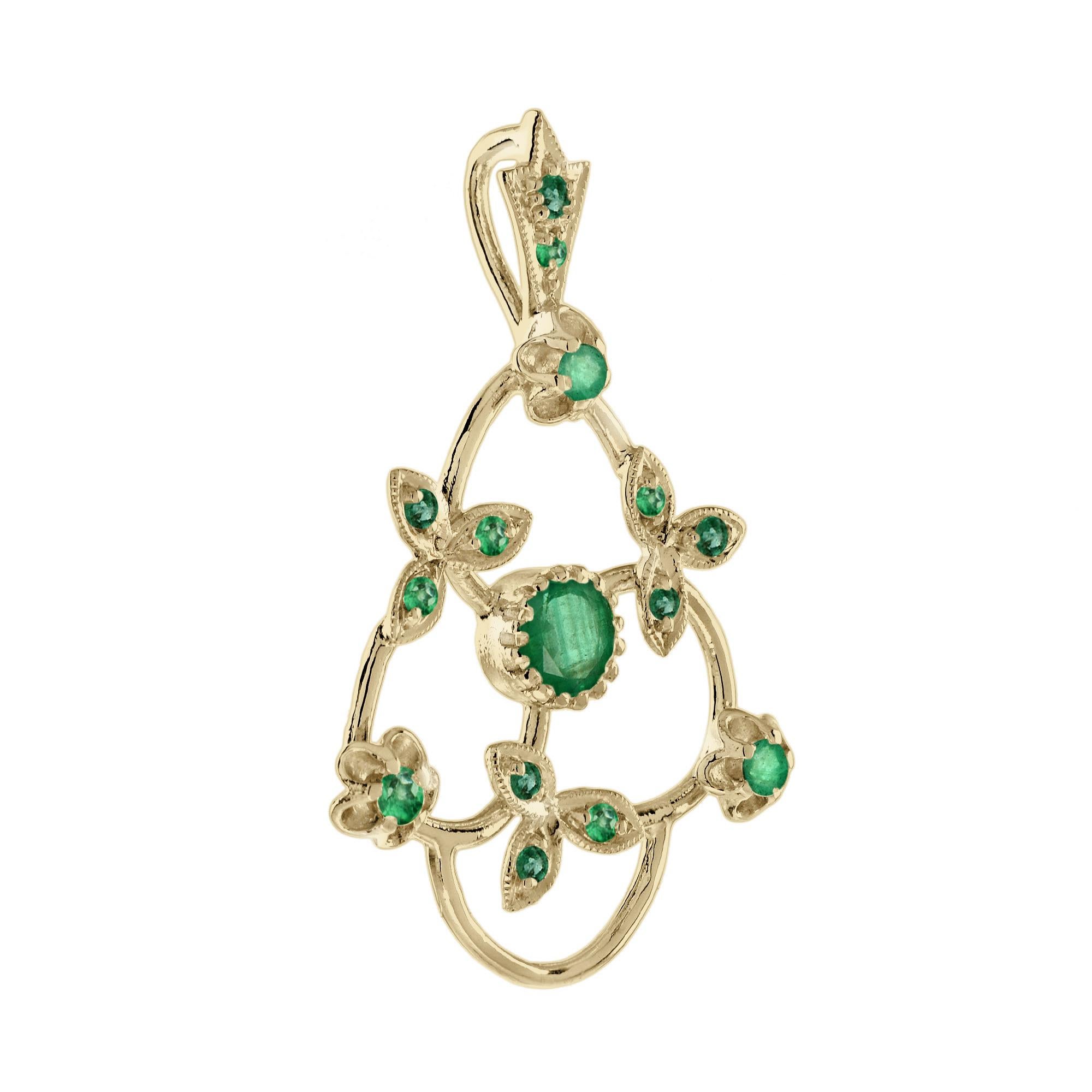 Art Deco Emerald Vintage Style Floral & Leaves Pendant in 9K Yellow Gold For Sale