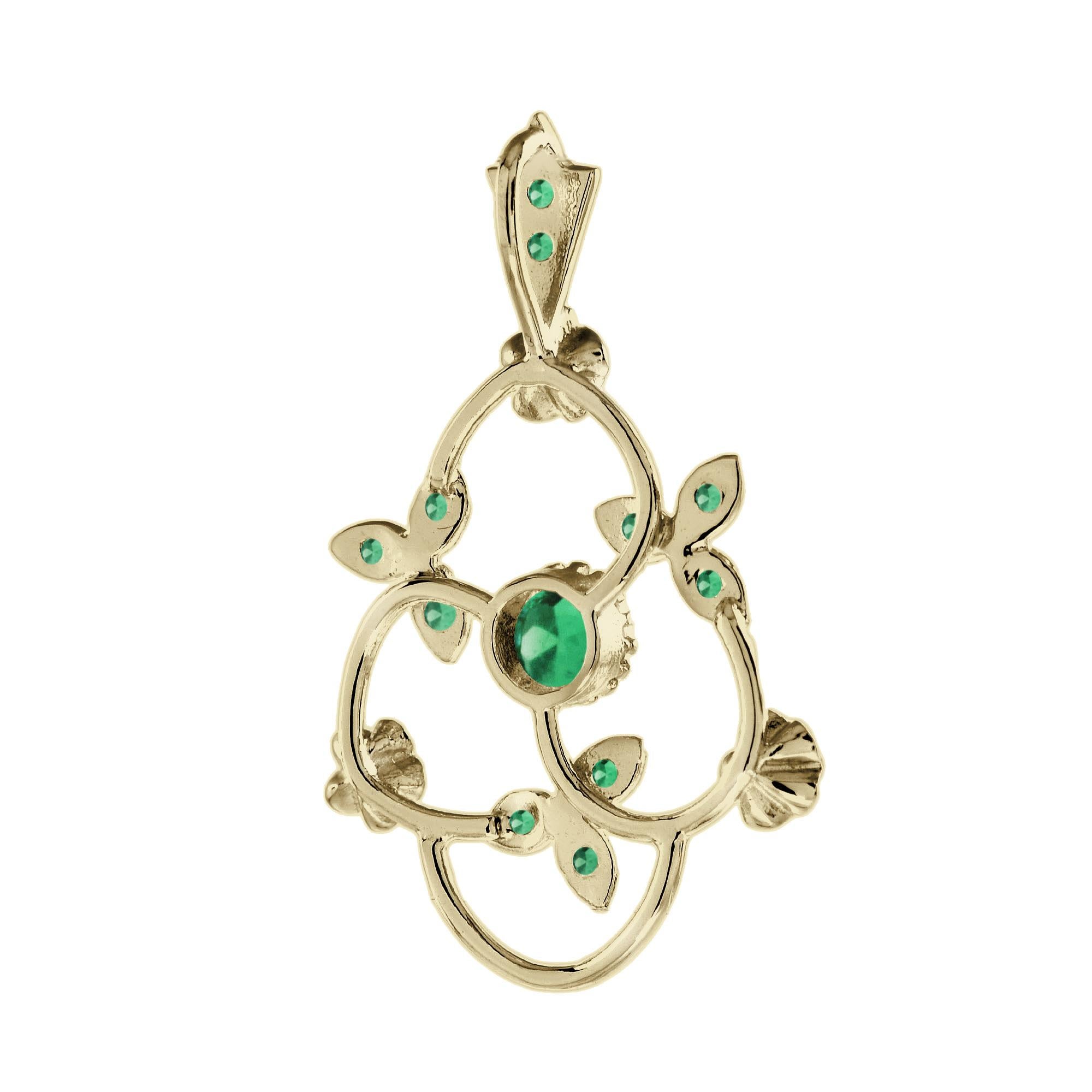 Round Cut Emerald Vintage Style Floral & Leaves Pendant in 9K Yellow Gold For Sale