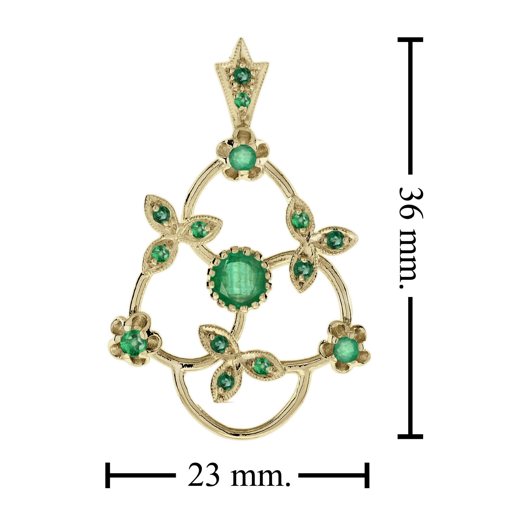 Emerald Vintage Style Floral & Leaves Pendant in 9K Yellow Gold In New Condition For Sale In Bangkok, TH