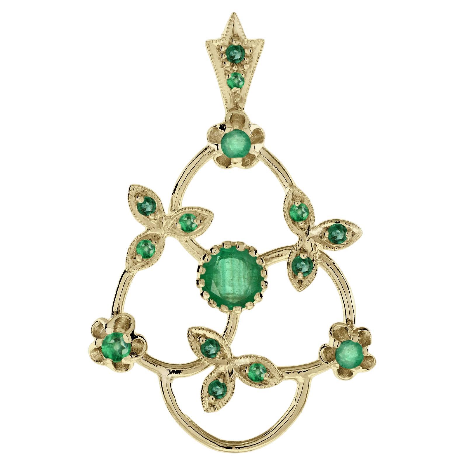 Emerald Vintage Style Floral & Leaves Pendant in 9K Yellow Gold