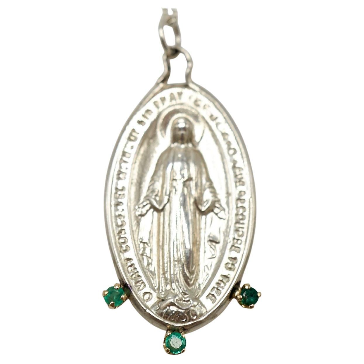 Emerald Virgin French Miraculous Medal Oval Coin Pendant Chain Necklace Silver For Sale