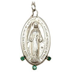 Emerald Virgin French Miraculous Medal Oval Coin Pendant Chain Necklace Silver