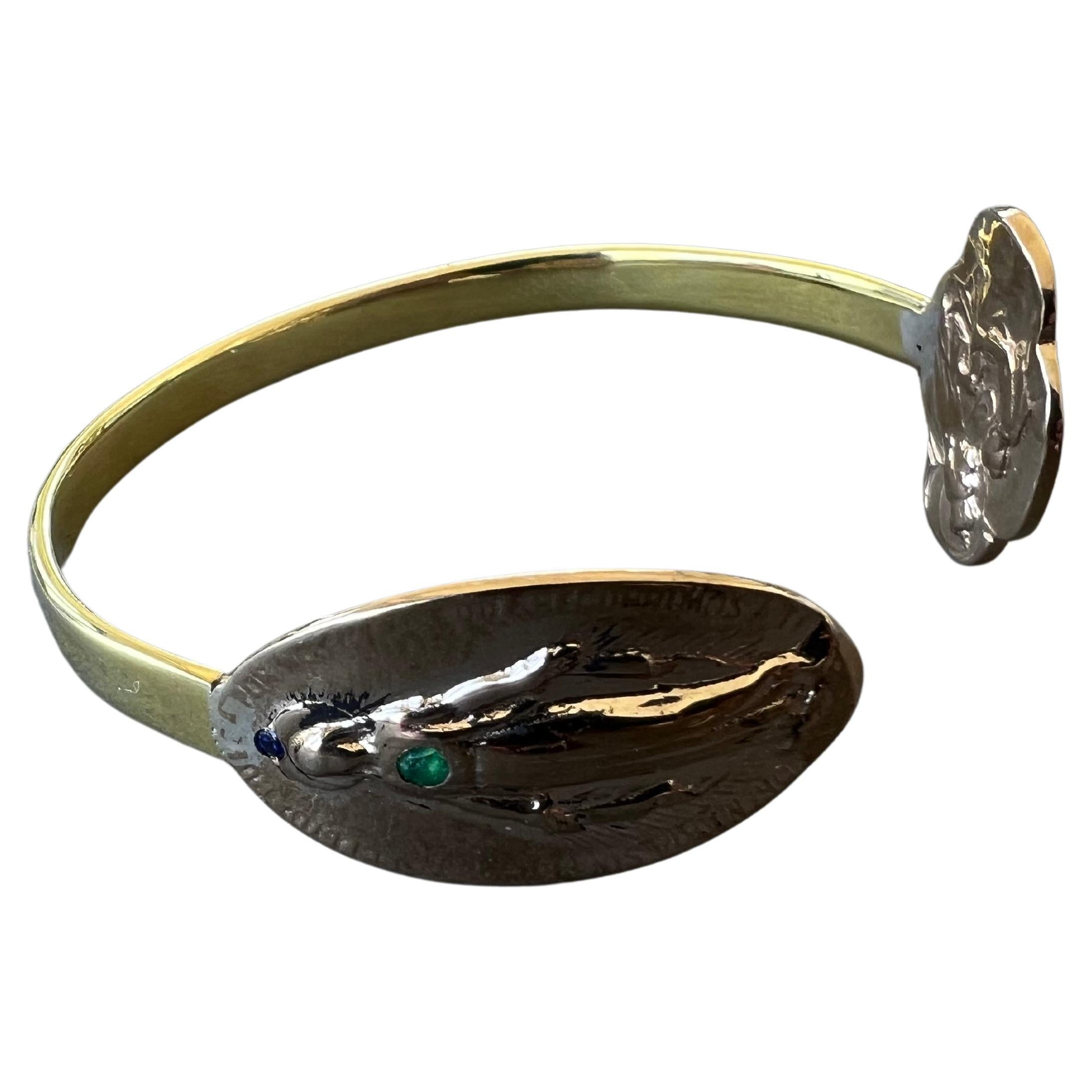 Contemporary Spiritual Bangle Bracelet Cuff Emerald Virgin Mary Medals Symbol Faith Healing For Sale