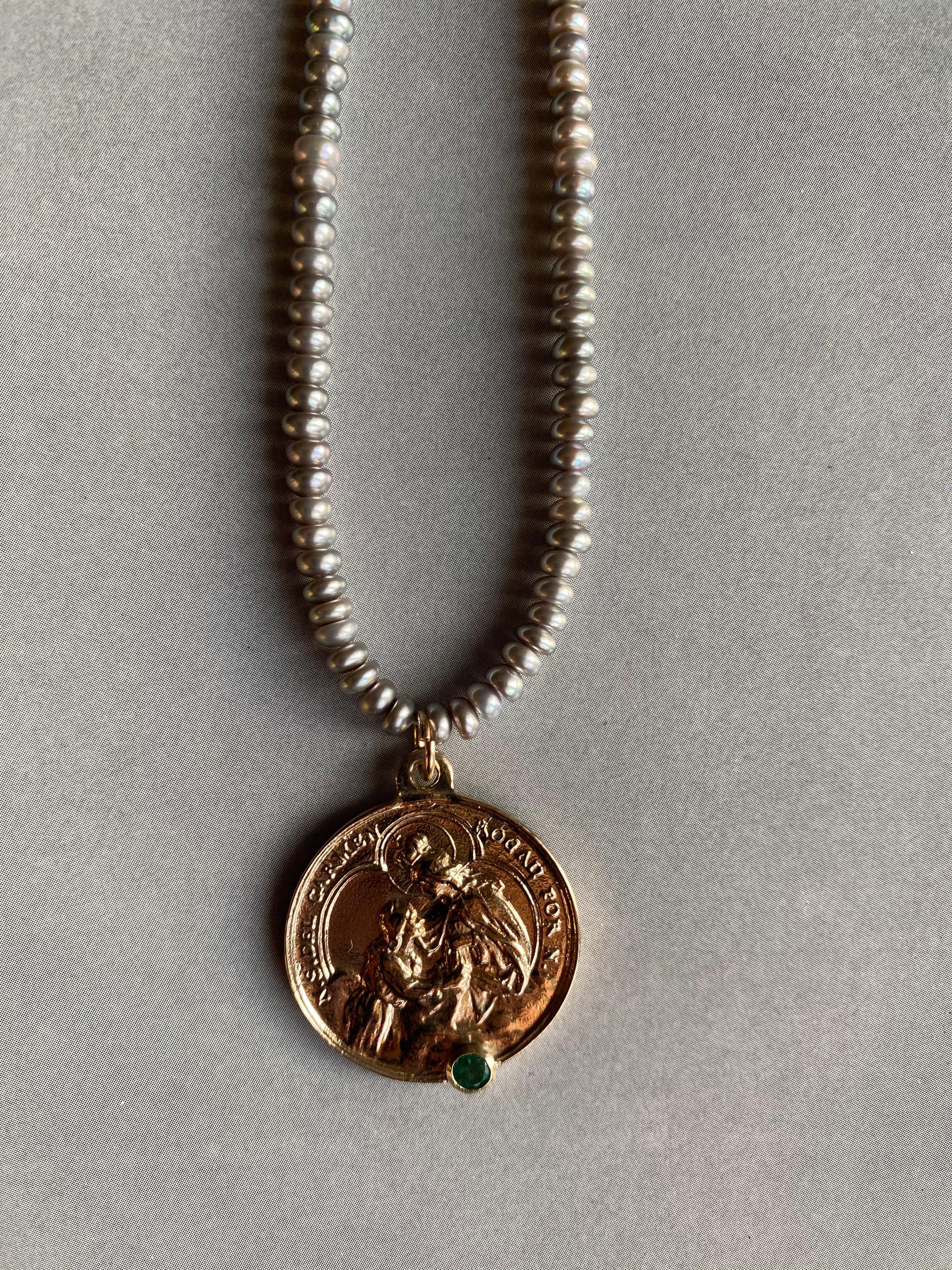 Brilliant Cut Emerald Virgin Mary Bronze Grey Silver Sweet Water Pearl Bead Necklace J Dauphin For Sale