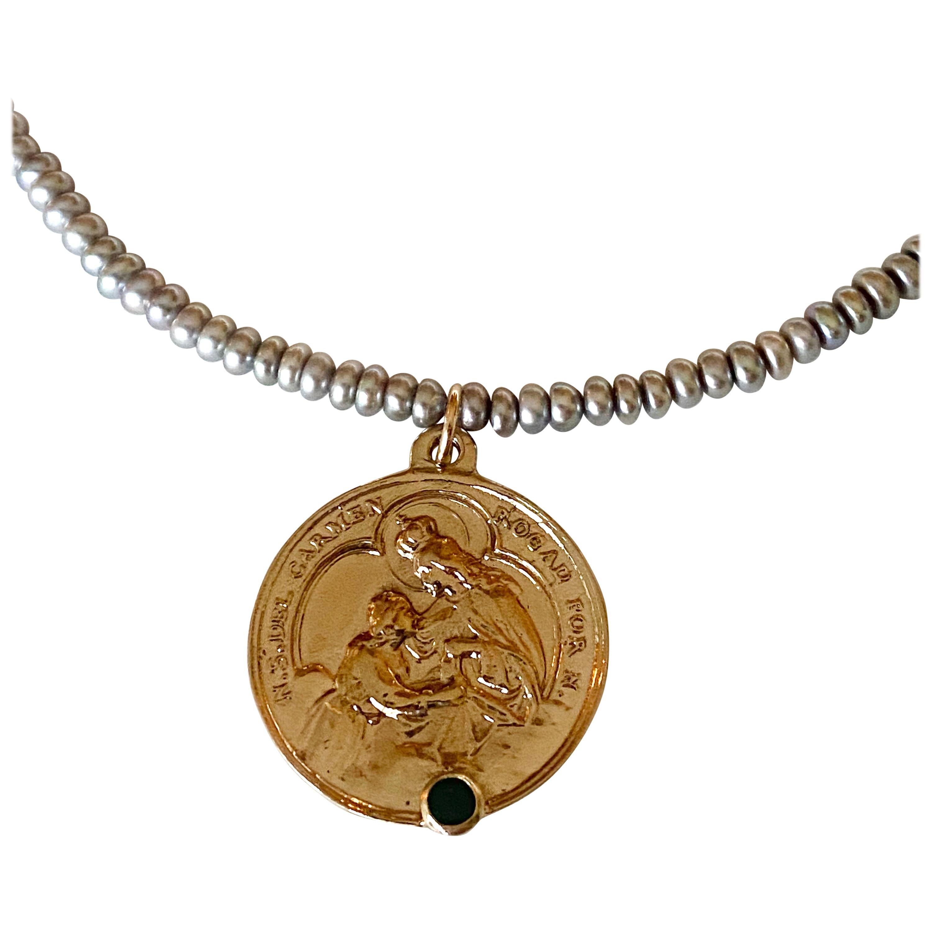 Collier de perles d'eau douce Emeraude Vierge Marie Bronze Gris Argent J Dauphin