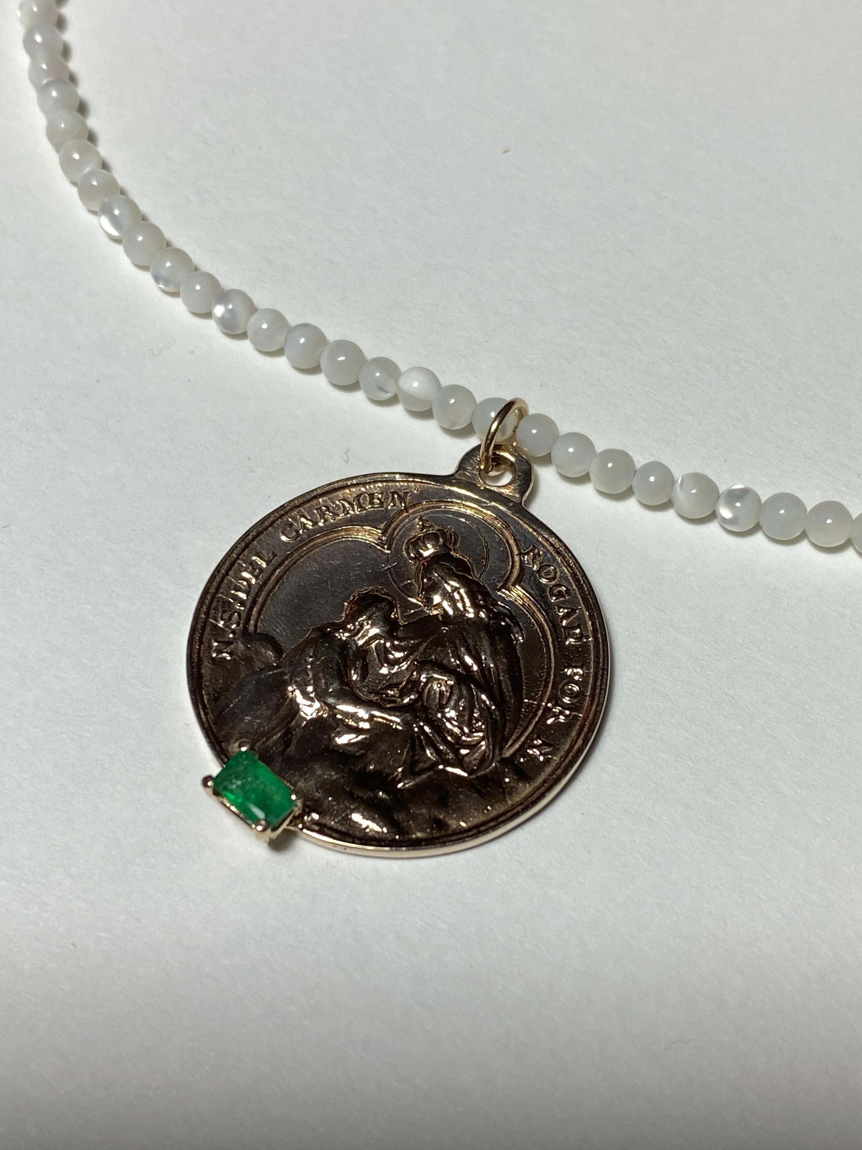 Emerald Virgin Mary Bronze White Bead Necklace J Dauphin In New Condition For Sale In Los Angeles, CA