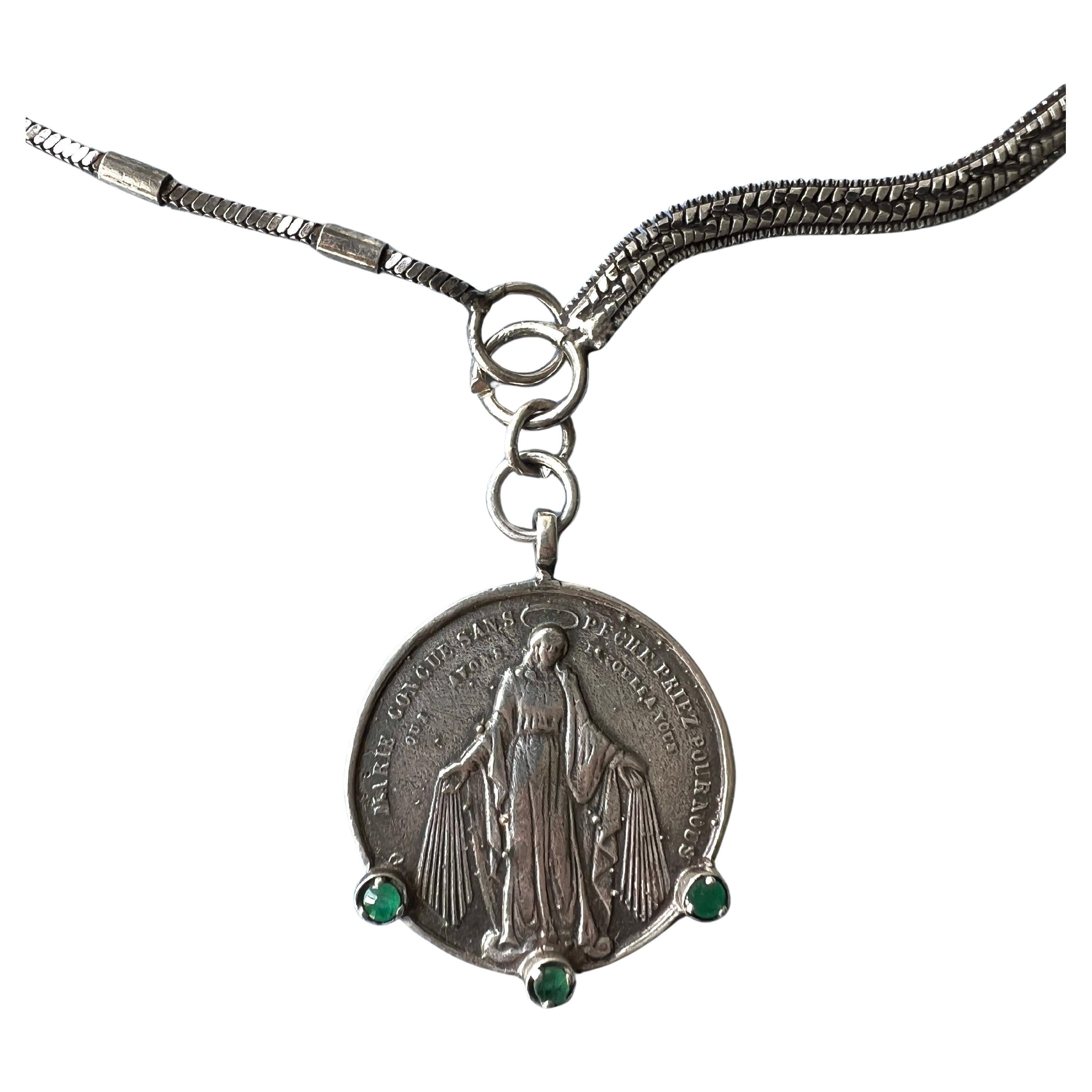 Emerald Virgin Mary Medal Chain Necklace Silver