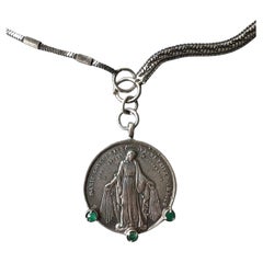 Emerald Virgin Mary Medal Chain Necklace Silver