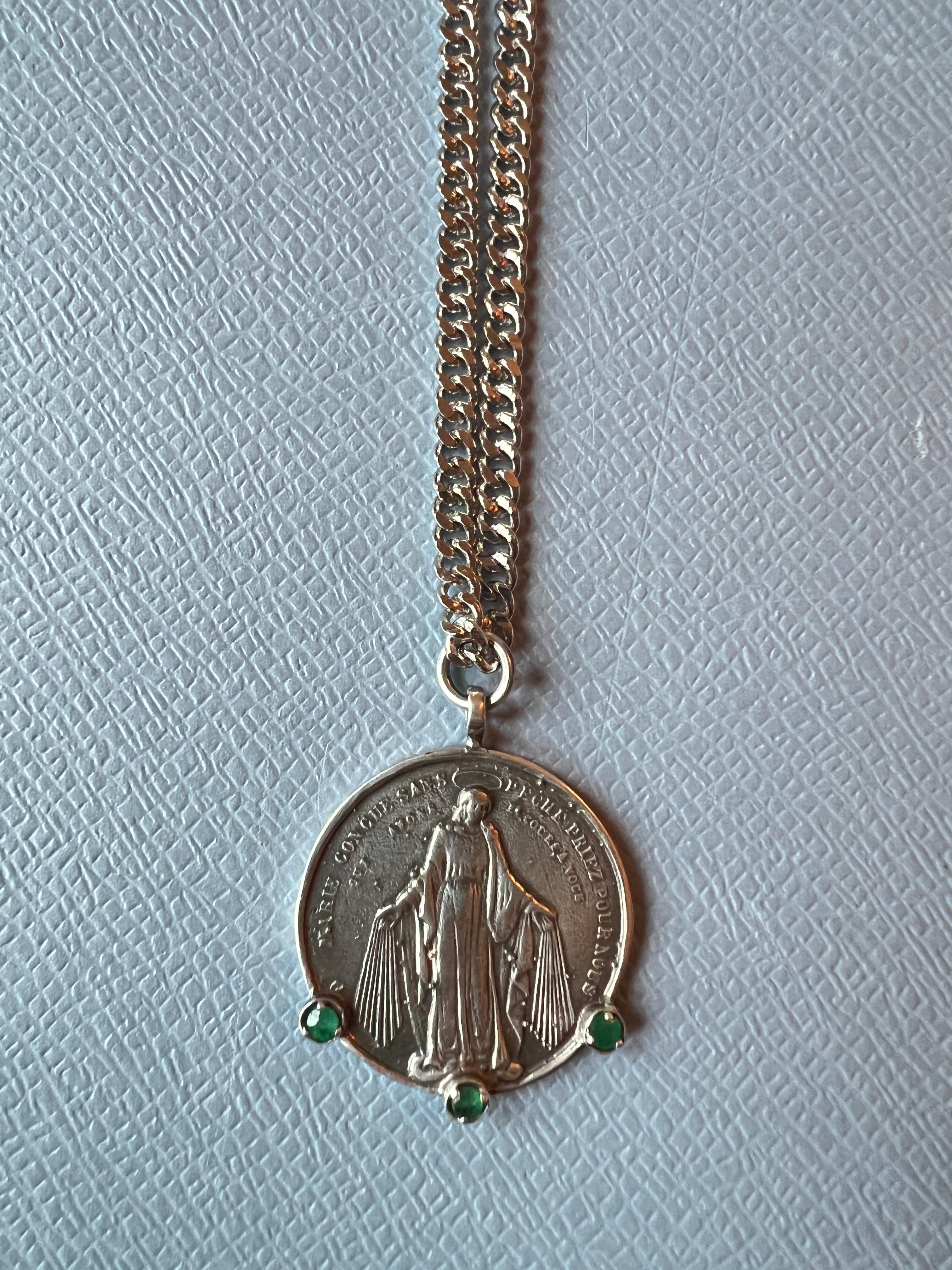 Brilliant Cut Emerald Virgin Mary Medal Chain Necklace Silver Platinum