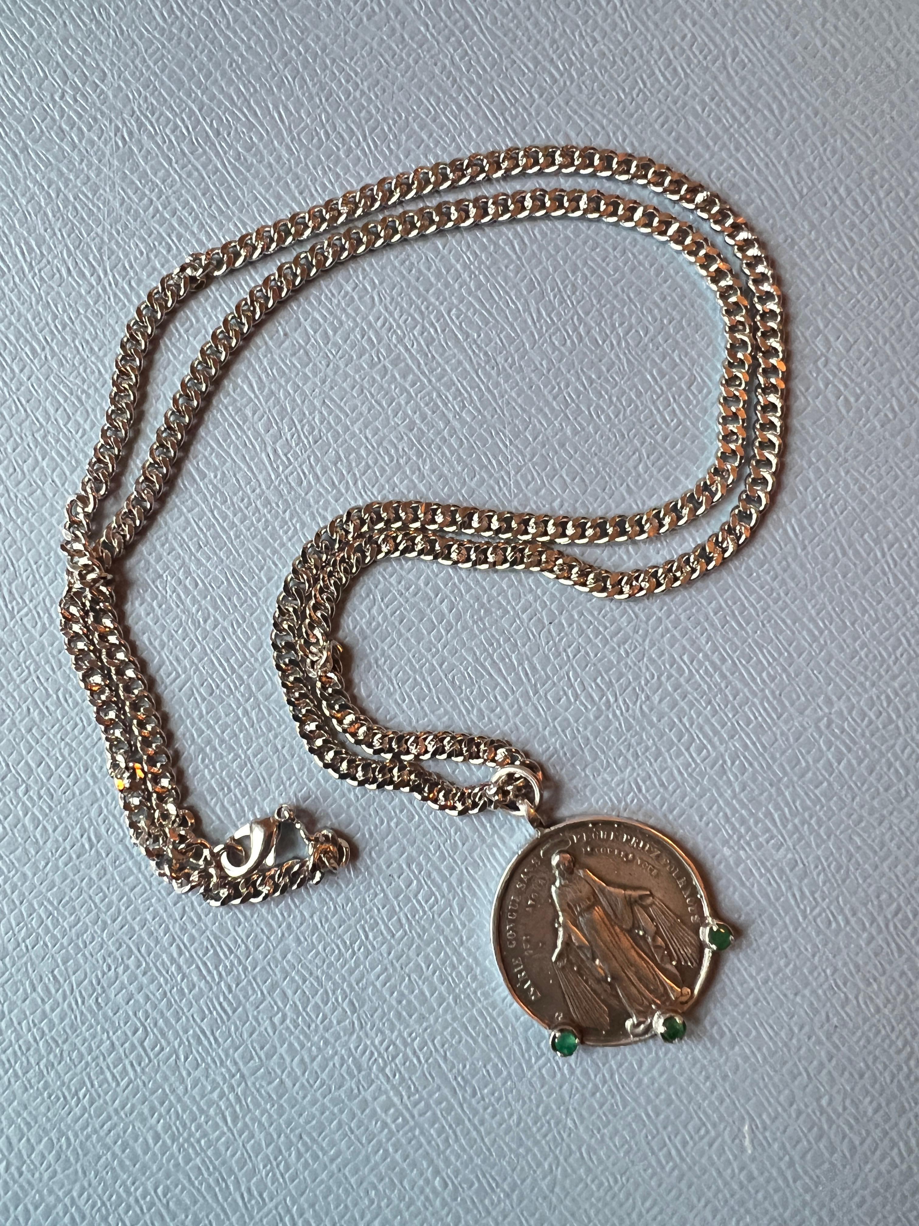 Women's Emerald Virgin Mary Medal Chain Necklace Silver Platinum