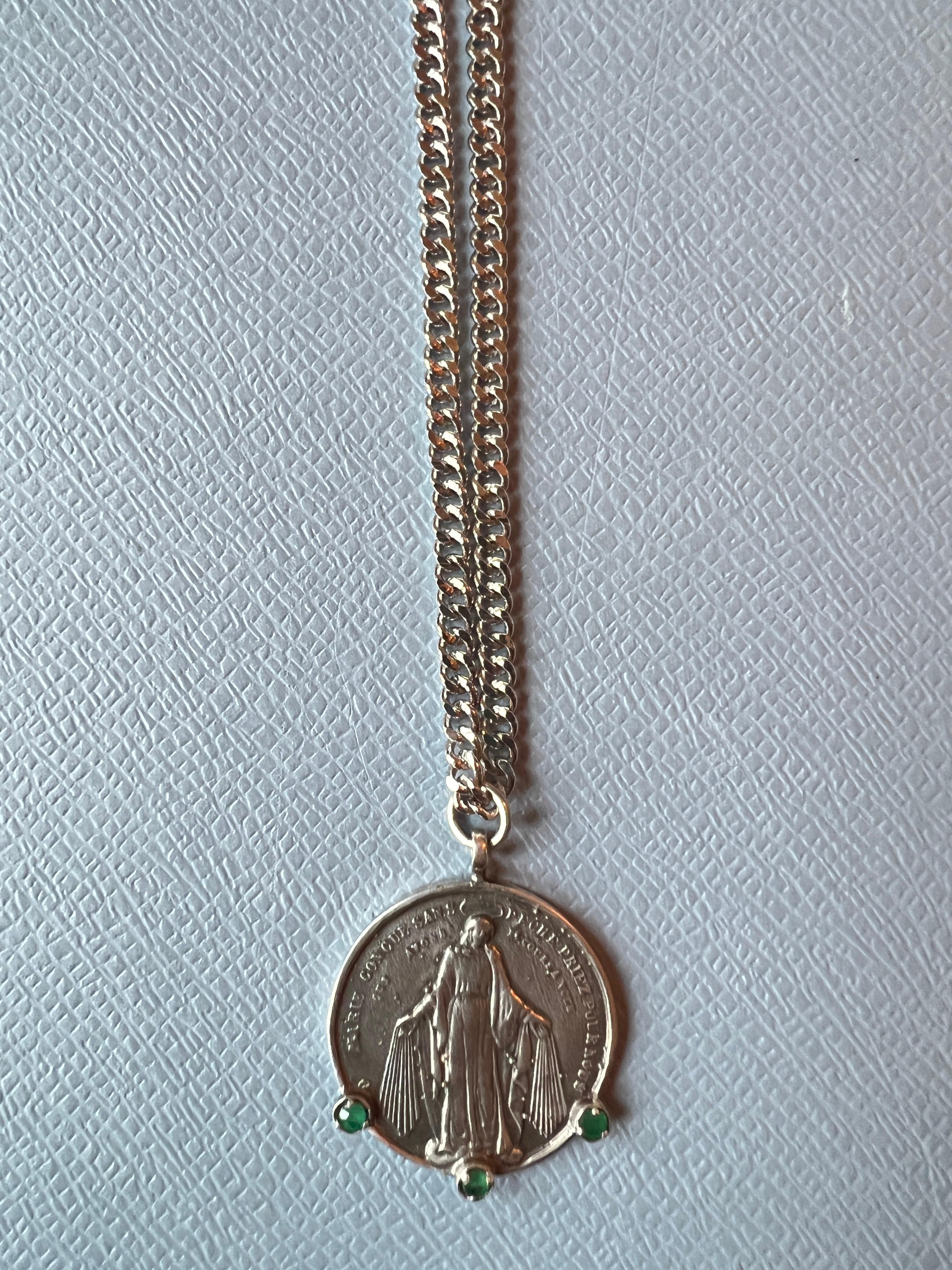 Emerald Virgin Mary Medal Chain Necklace Silver Platinum 1