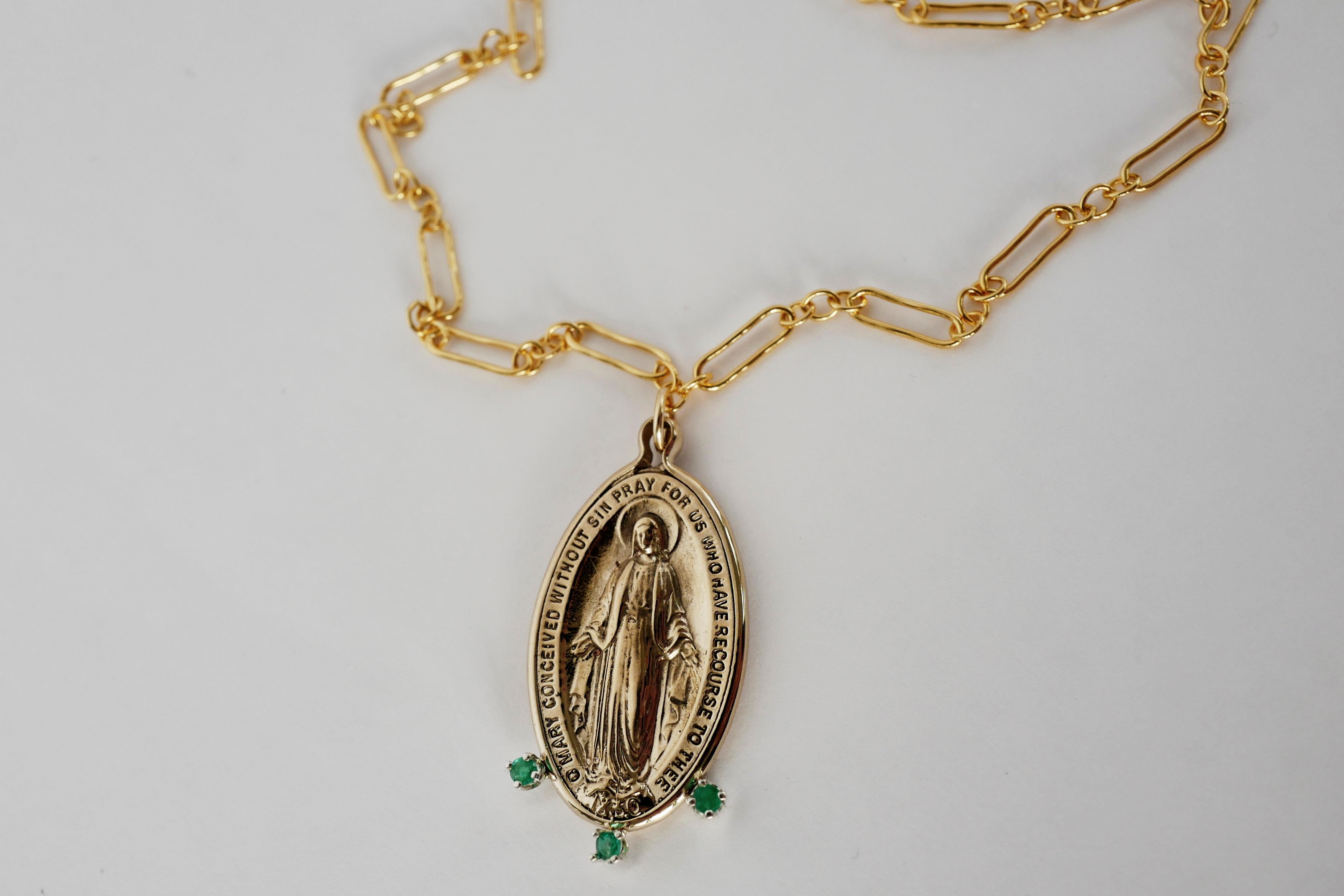 Round Cut Emerald Virgin Mary Medal Chunky Chain Necklace Bronze Gold Filled J Dauphin For Sale