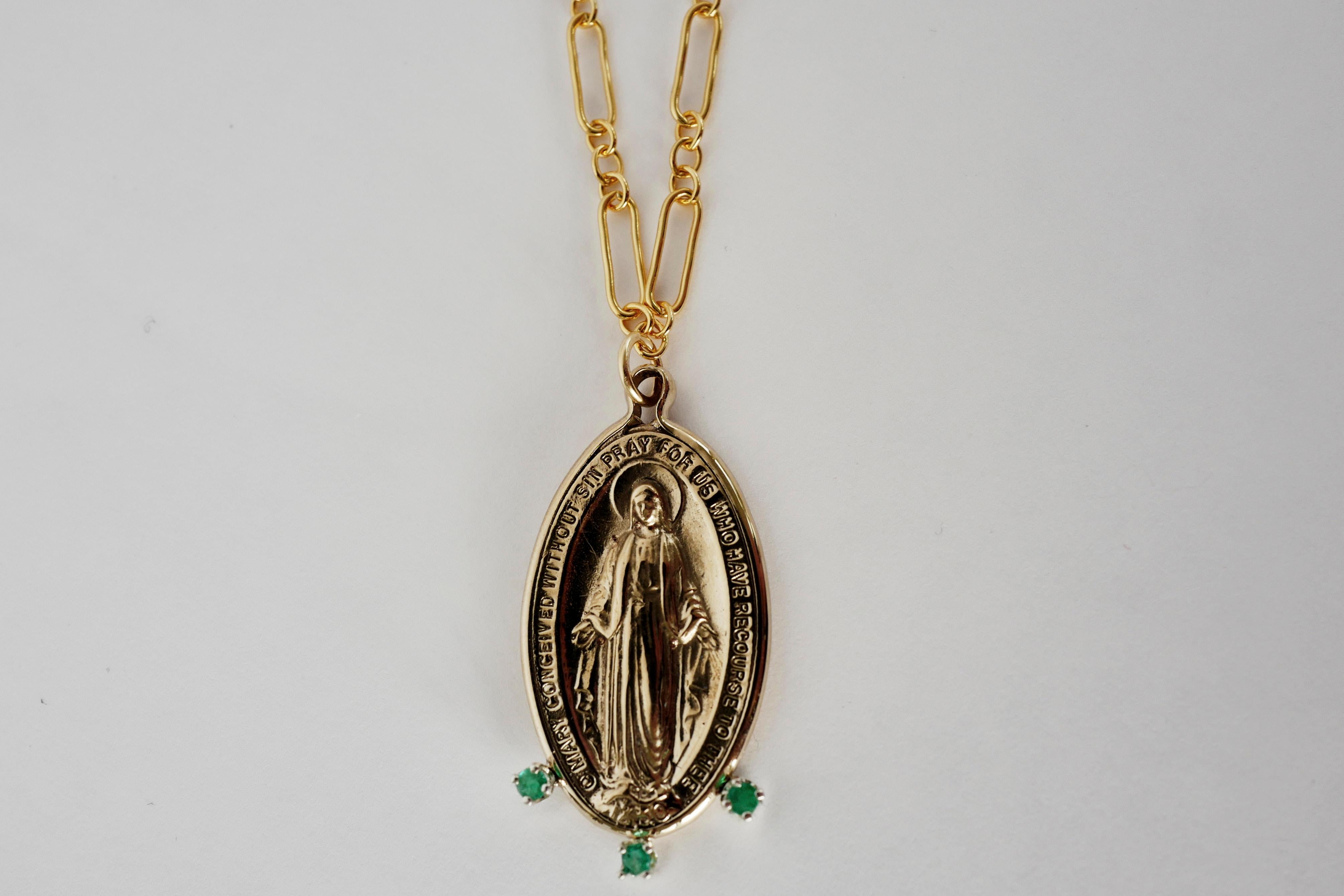 Women's Emerald Virgin Mary Medal Chunky Chain Necklace Bronze Gold Filled J Dauphin For Sale