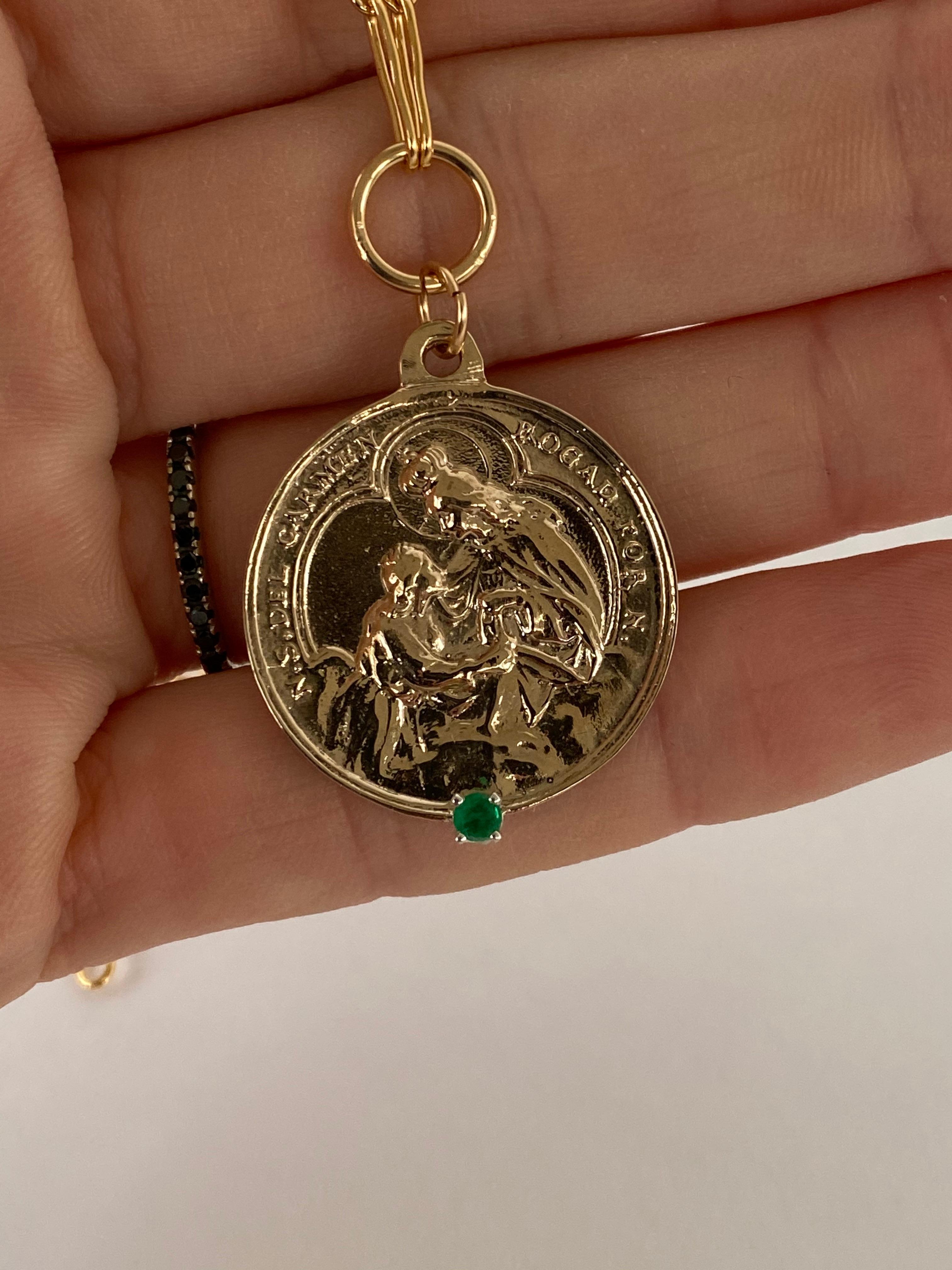 Emerald set in Silver Prong on a Virgin Mother Mary Medal Round Coin Pendant in Bronze with a Gold Filled Chain Necklace J Dauphin

The Chain is 23' long but can be made shorter or longer on request.

Symbols or medals can become a powerful tool in