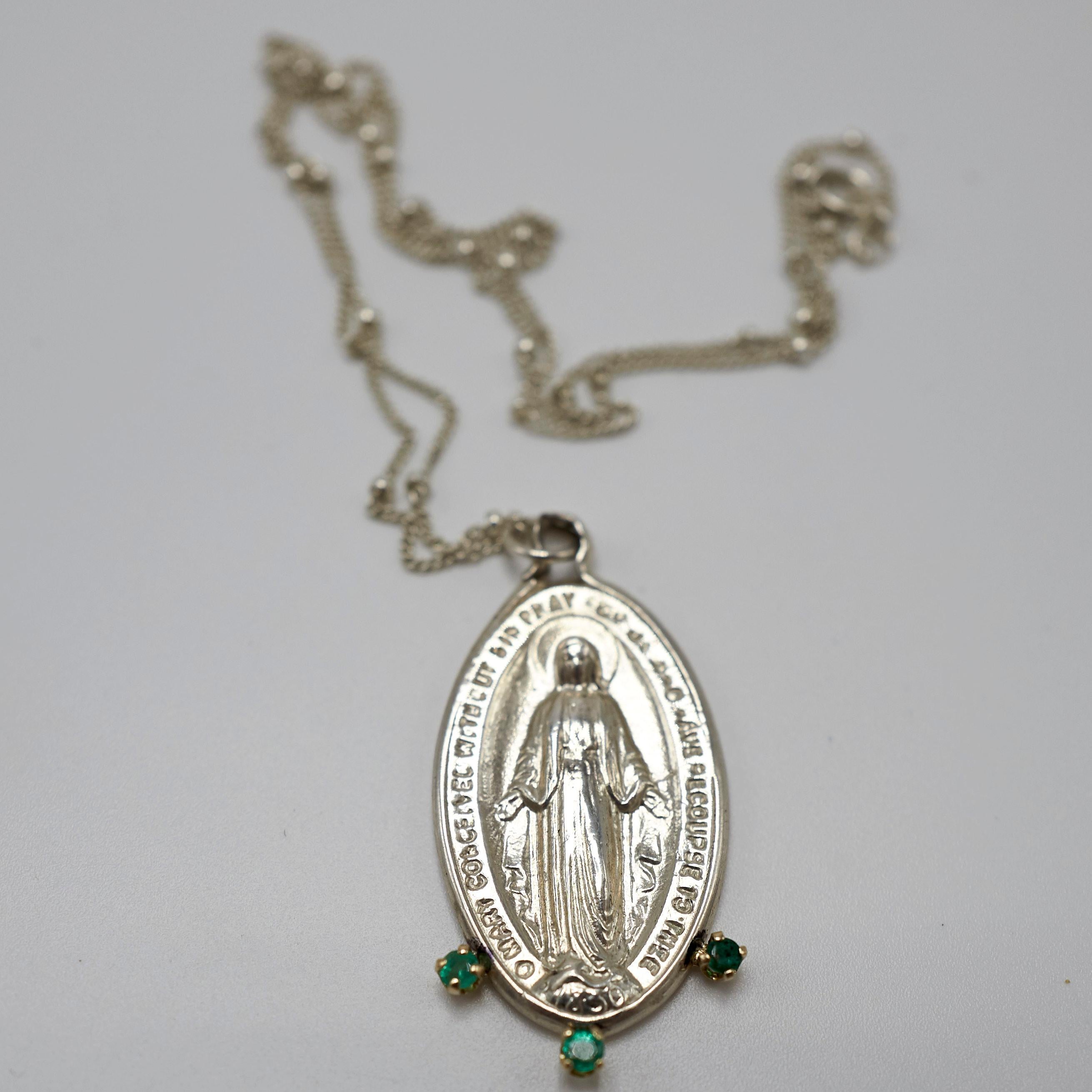 Contemporary Emerald Virgin French Miraculous Medal Oval Coin Pendant Chain Necklace Silver For Sale