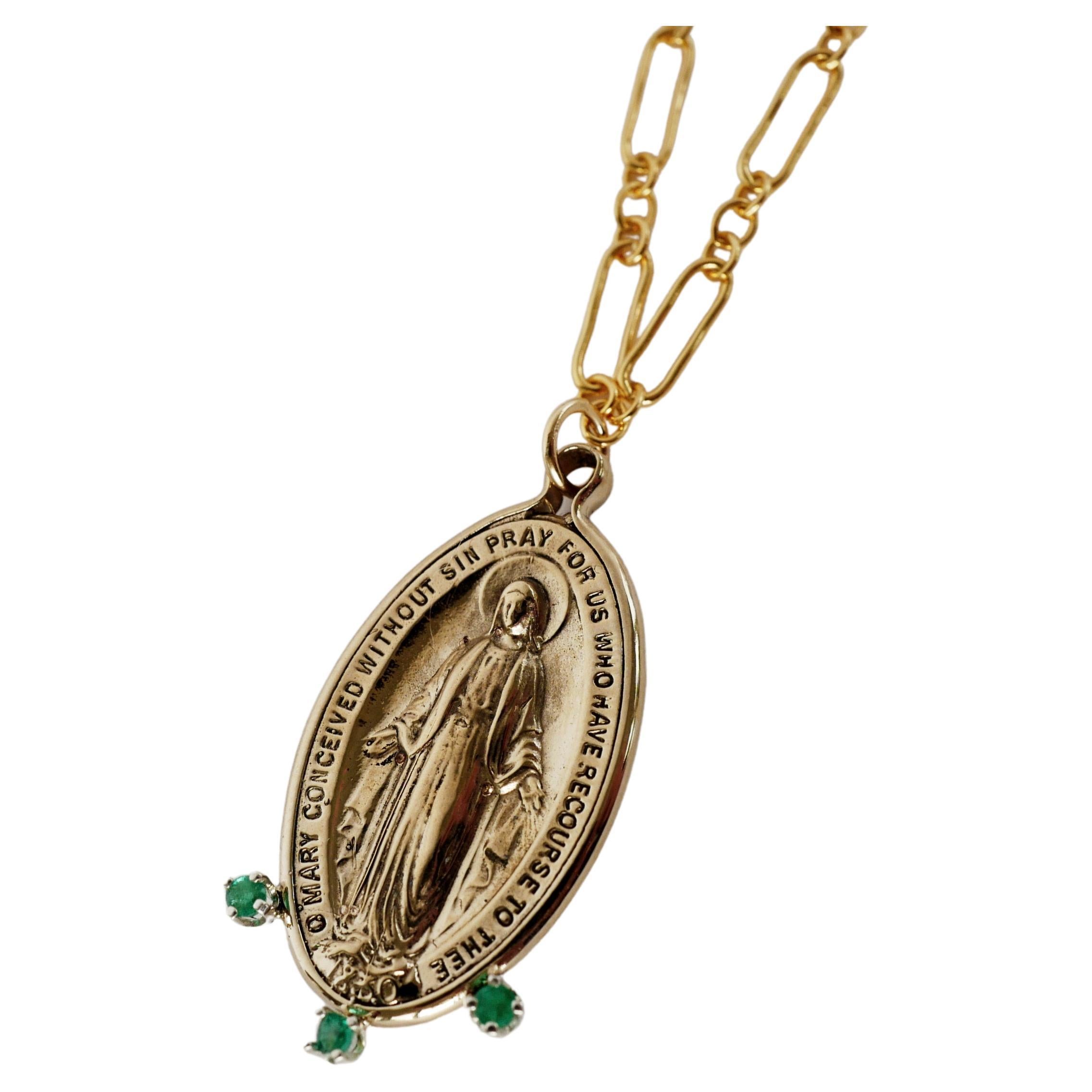 Chaîne collier pendentif médaille de la Vierge Marie en émeraude J Dauphin