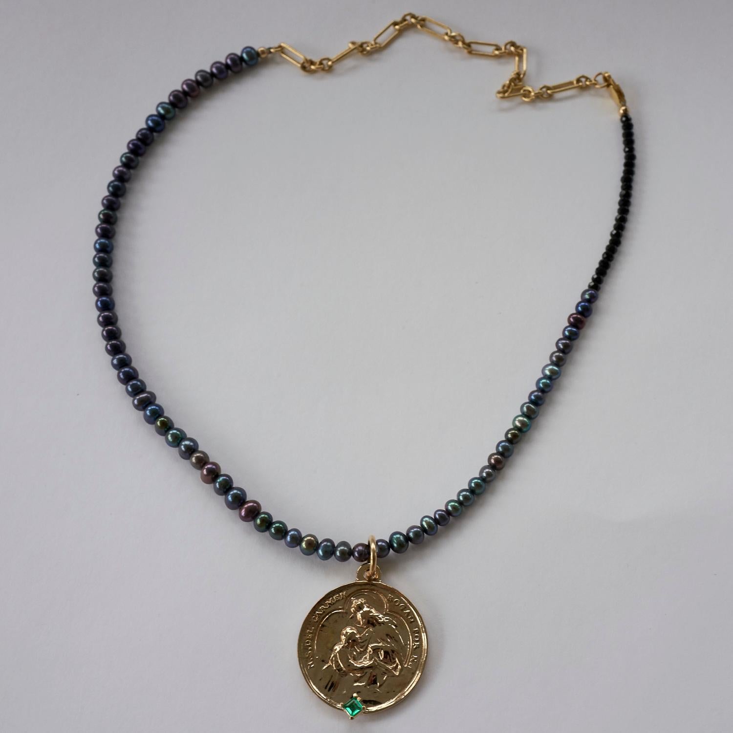 Contemporary Emerald Black Pearl Beaded Necklace Virgin Del Carmen Medal Pendant J Dauphin For Sale