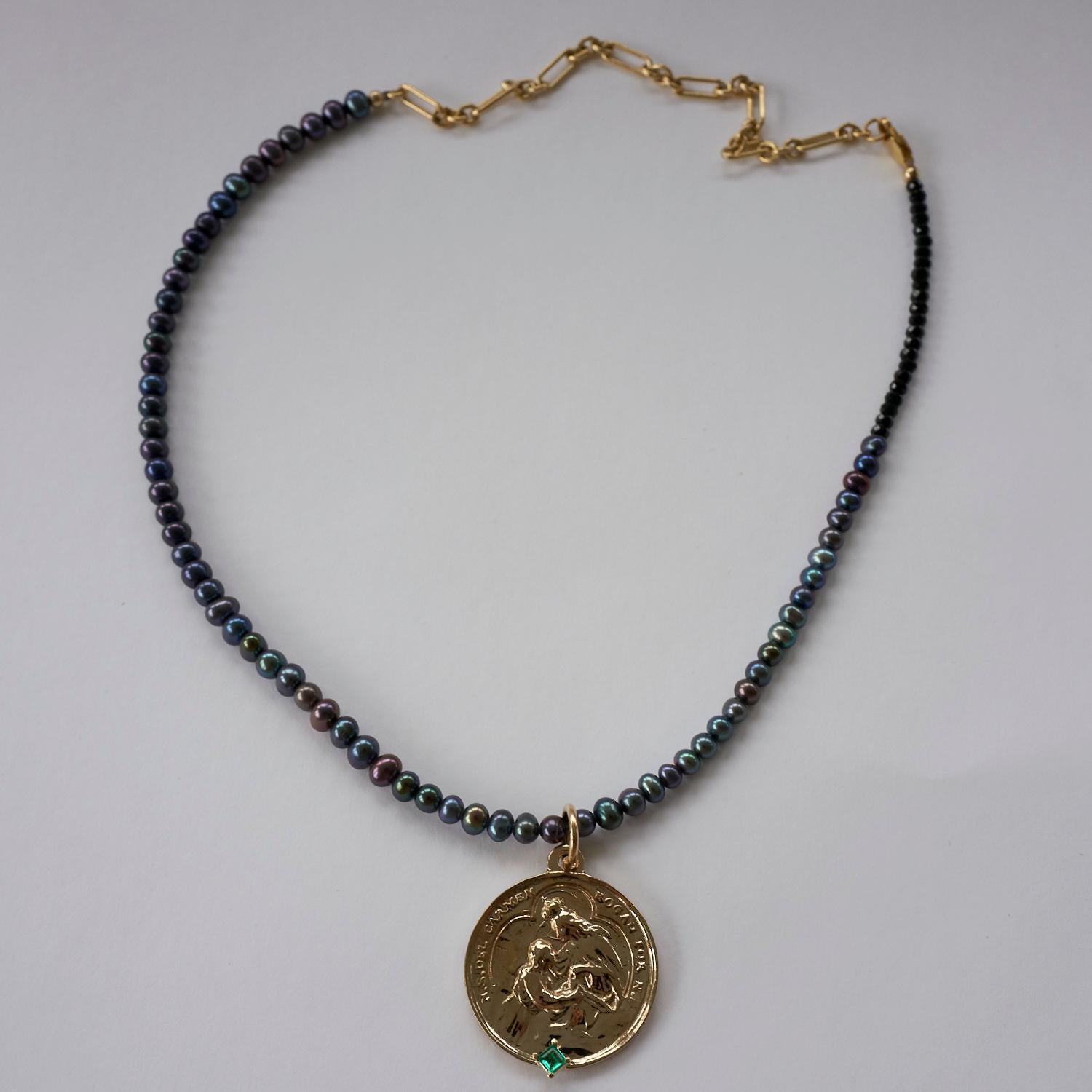 Square Cut Emerald Black Pearl Beaded Necklace Virgin Del Carmen Medal Pendant J Dauphin For Sale