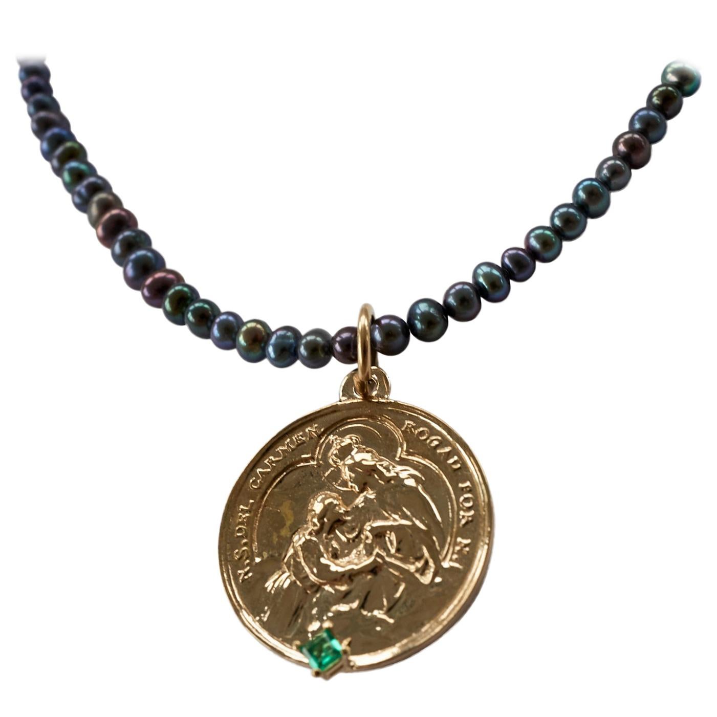 Emerald Black Pearl Virgin Mother Mary Medal Chunky Chain Necklace J Dauphin

Exclusive piece with Virgin Mary Medal Round Coin pendant in Bronze with a square Emerald  set in Gold prong and a gold filled Chain. Necklace is 22