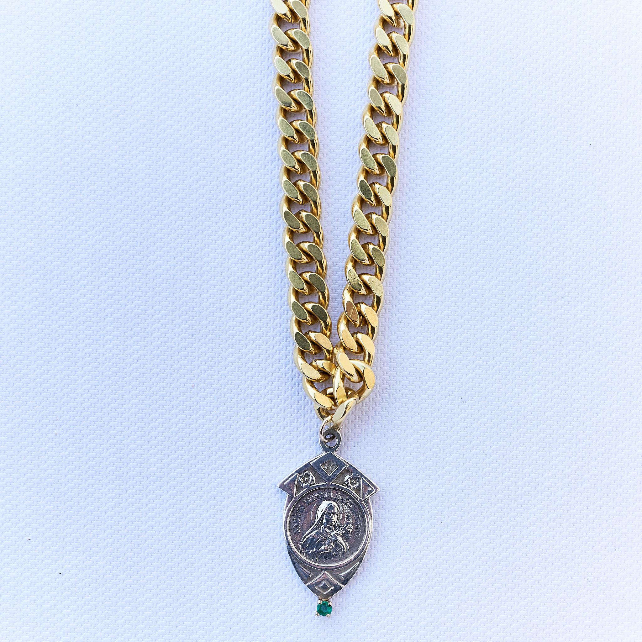 Emerald Virgin Mary Silver Choker Chain Necklace J Dauphin In New Condition For Sale In Los Angeles, CA