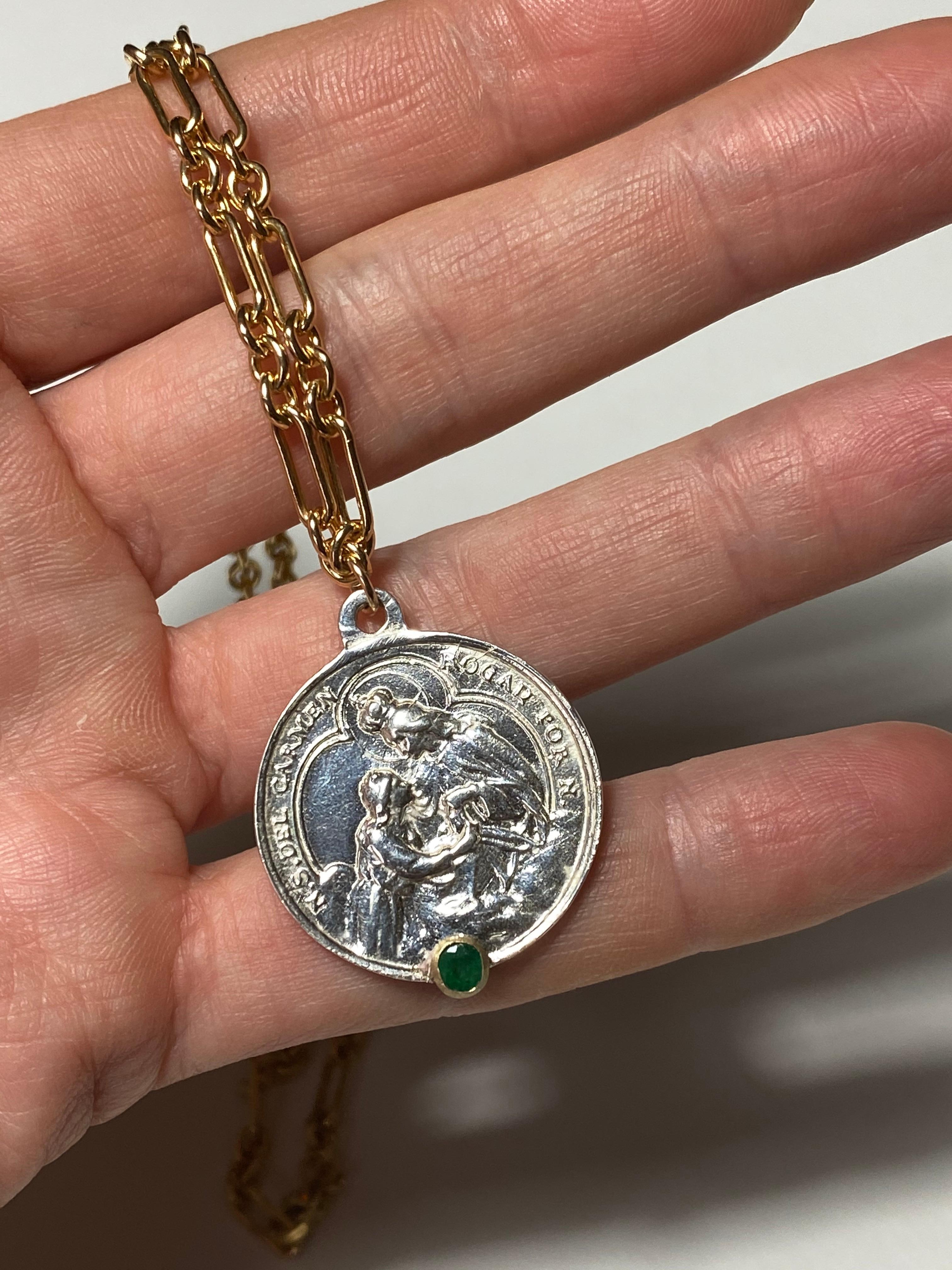 Emerald Virgin Mary Necklace Medal Chunky Chain Pendant J Dauphin

Exclusive piece with a Round Virgin Mary Medal in Silver with an Emerald set in a Gold Prong prong and with a gold filled Chain. Necklace is 16